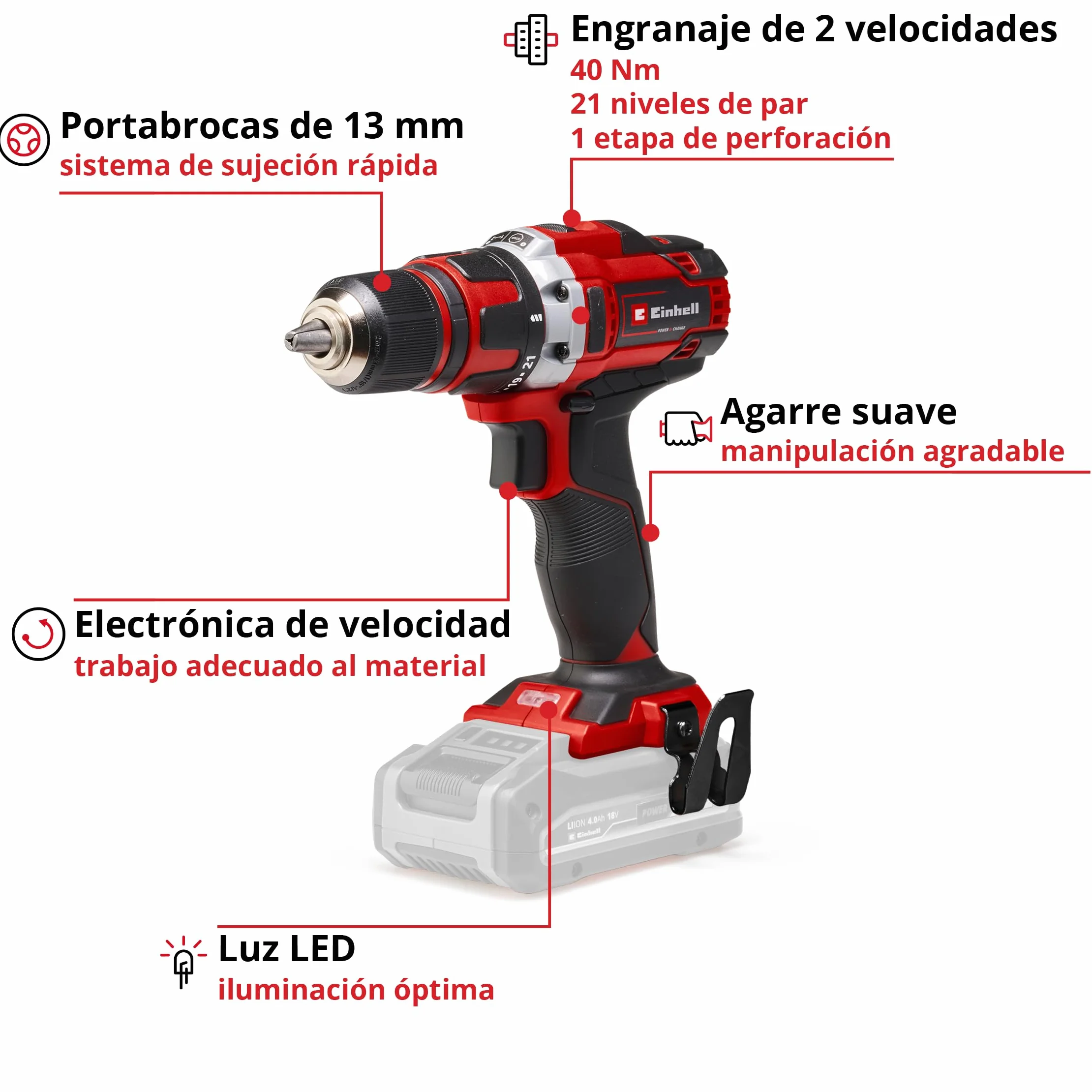 Einhell Taladro atornillador a batería TE-CD 18/40 Li-Solo Power X-Change (iones de litio, 18 V, par máximo de 40 Nm en 21 niveles, Softgrip, sin batería y cargador)