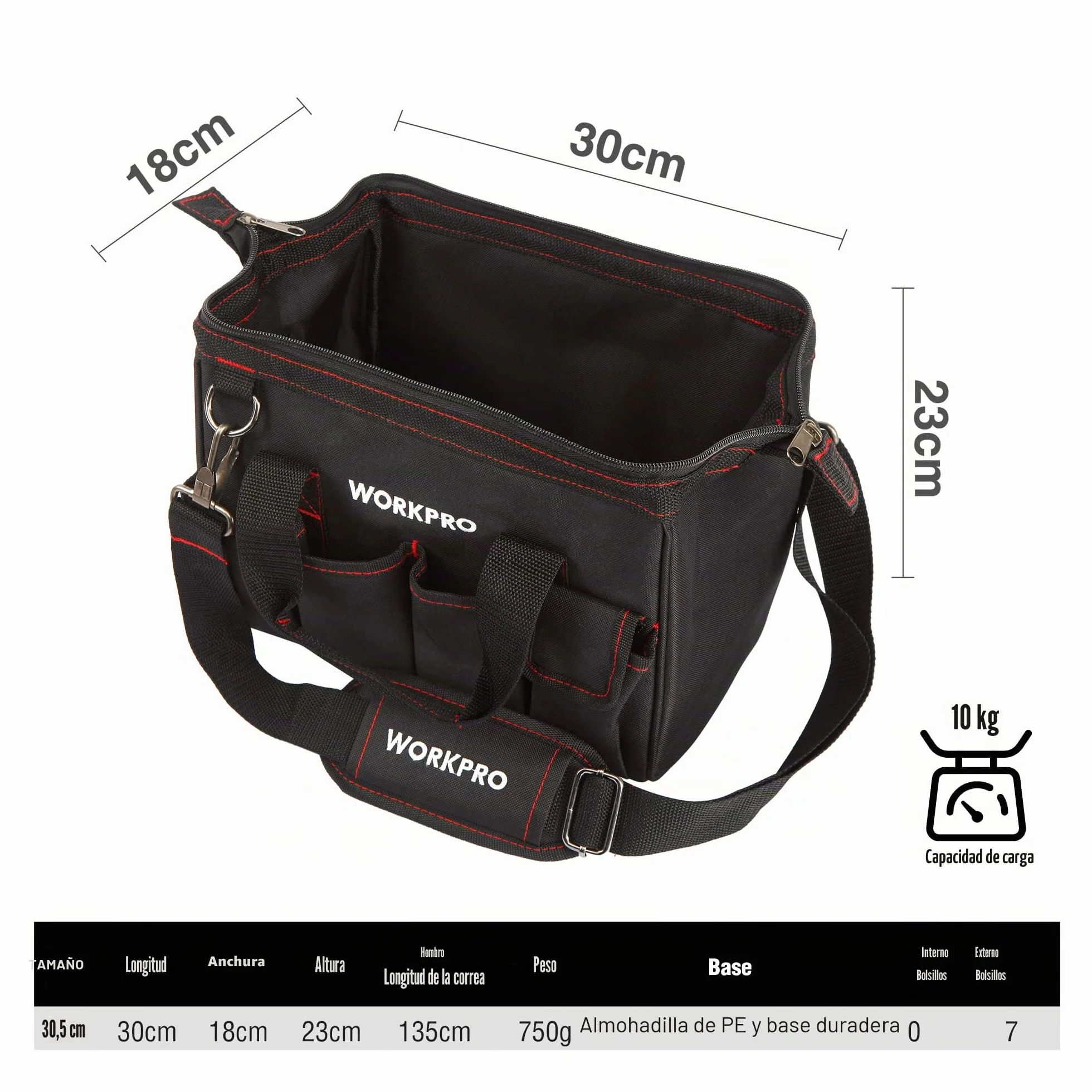 WORKPRO Bolsa de Herramientas 30 x 18 x 20 cm, Bolsa de Transportse Universal, 7 Bolsillos Exteriores, Amplia Apertura de Cremallera, Correa de Hombro Ajustable, para Almacenamiento de Herramientas