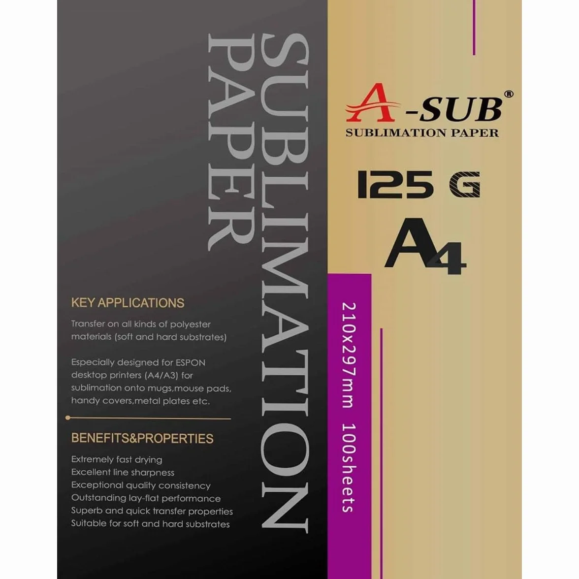A-SUB Papel sublimación A4 210x297 mm 125 g/m² 100 hojas Compatible EPSON SAWGRASS RICOH BROTHER