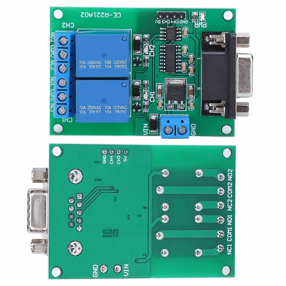 Módulo Relé DC 12V 2 Canales con Interfaz DB9 Protocolo UART RS232 Placa de Control Remoto para Circuito