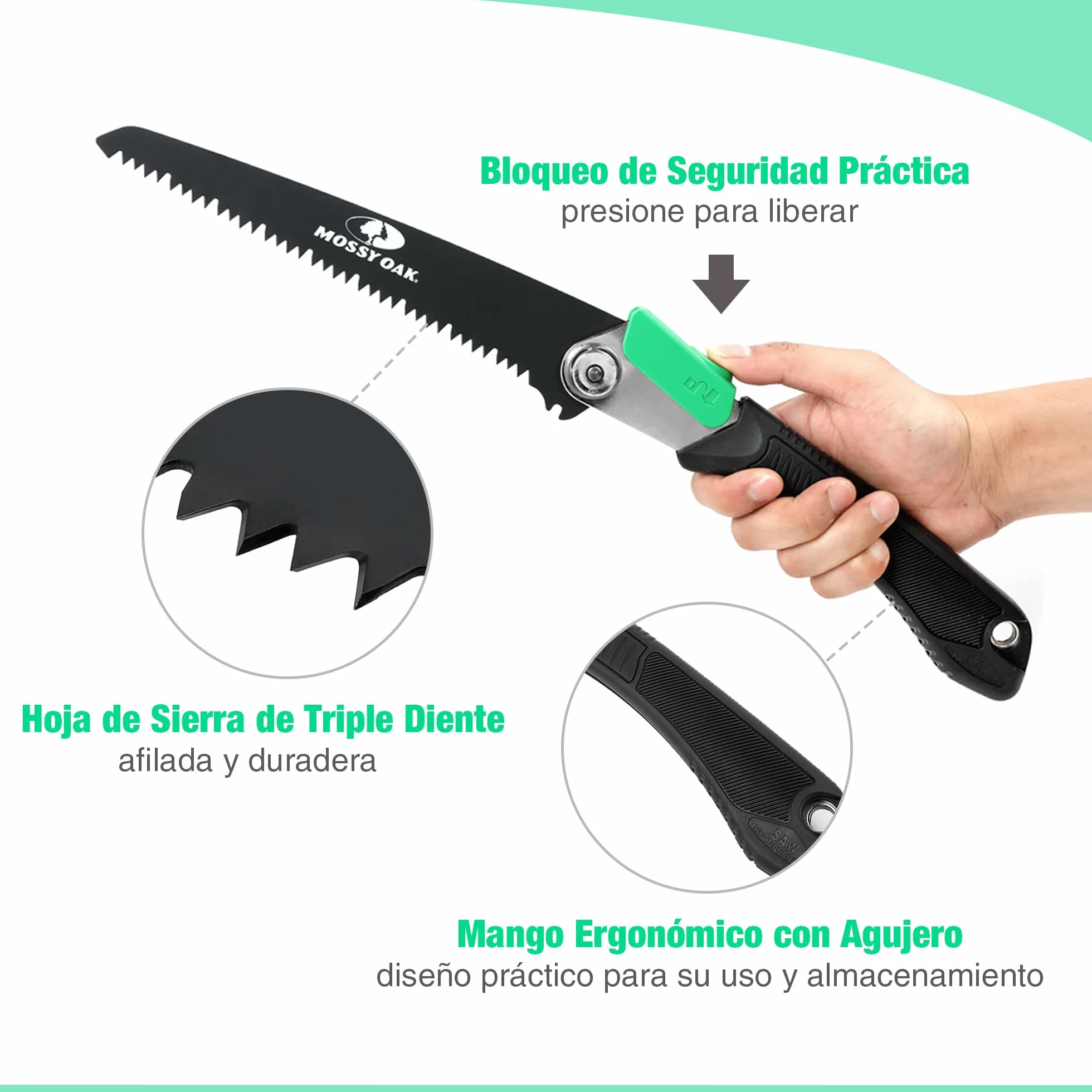 Mossy Oak Sierra de Podar 3 en 1, Sierra Plegable con Cuchillos de Madera, Métal y Plástico, Serrucho Plegable con Bolsa de Organizador, para Poda, Jardinería, Madera, Tubos, Metal