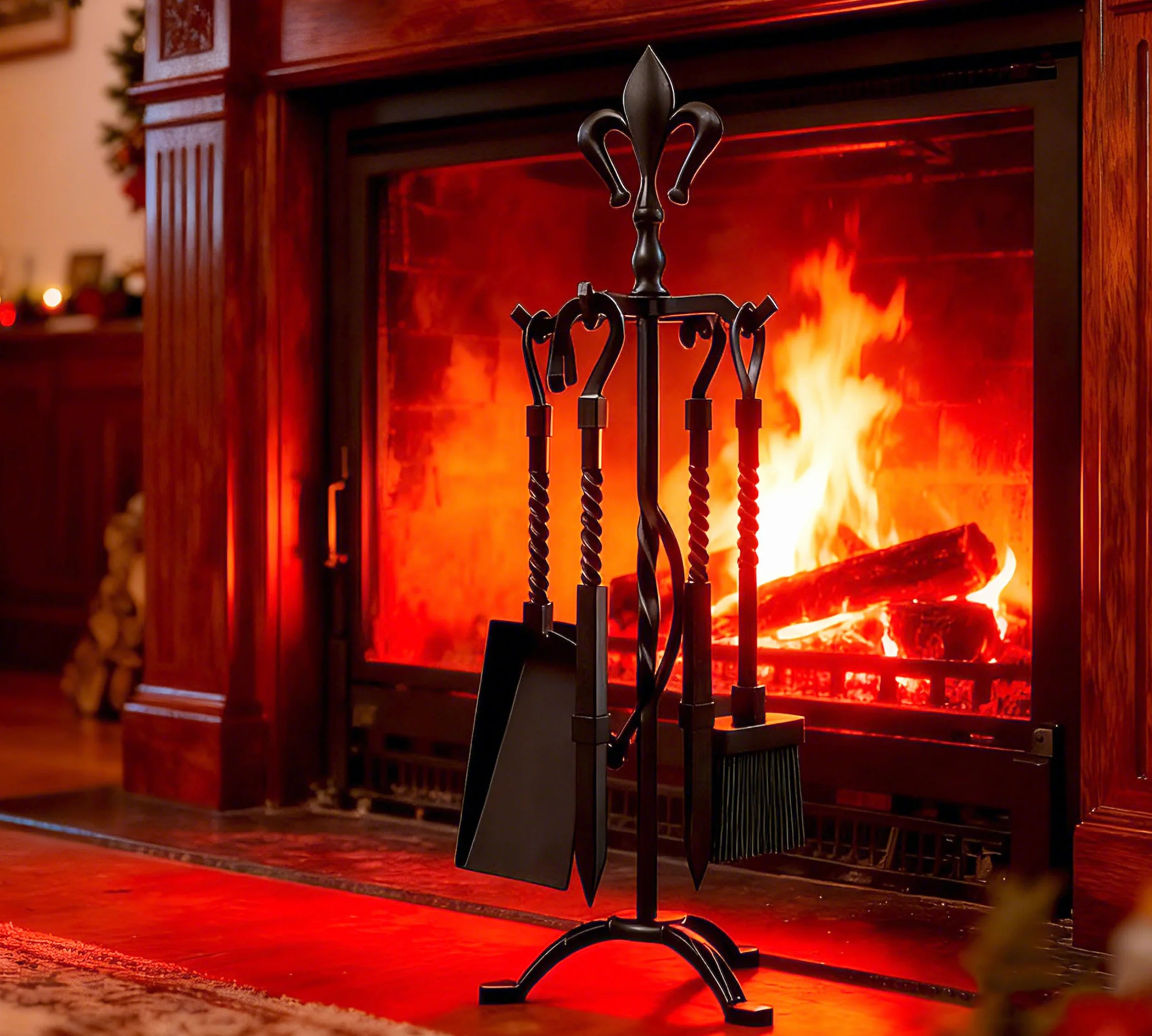 Kingson - Set de 5 piezas de accesorios para chimenea de hierro fundido – Acabado negro – Incluye atizador, pinzas, cepillo, pala y soporte – Juego de herramientas para chimeneas abiertas
