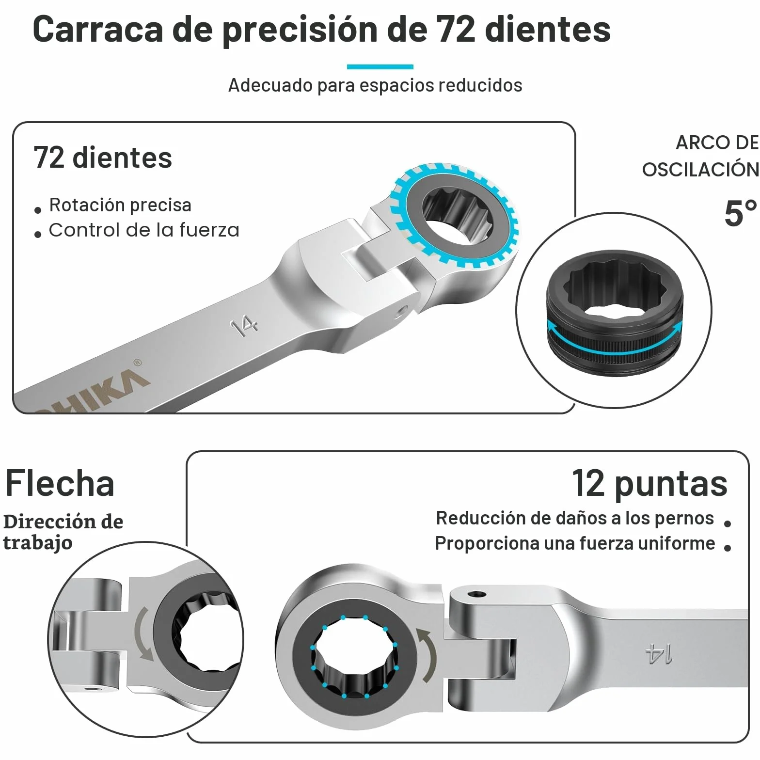 HYCHIKA Llaves Fijas Con Carraca 6-19mm, 9pcs Llave De Carraca Con Bolsa Enrollable, Llaves Combinadas Juego De Llaves, Adecuado Para ReparacióN De AutomóViles, Mantenimiento Industrial