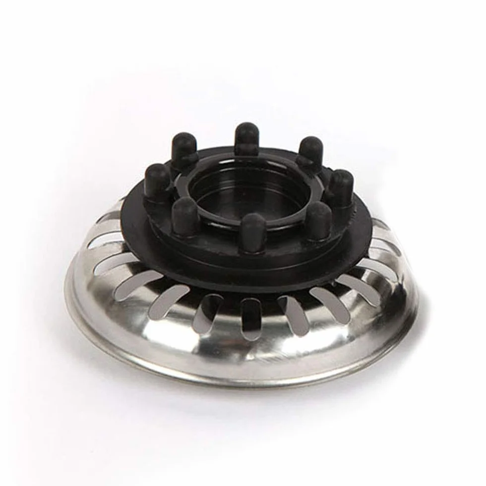 Tapón de fregadero de acero inoxidable. Con cierre de goma/caucho. Diámetro 8 cm. Acabado en cromo brillo y negro