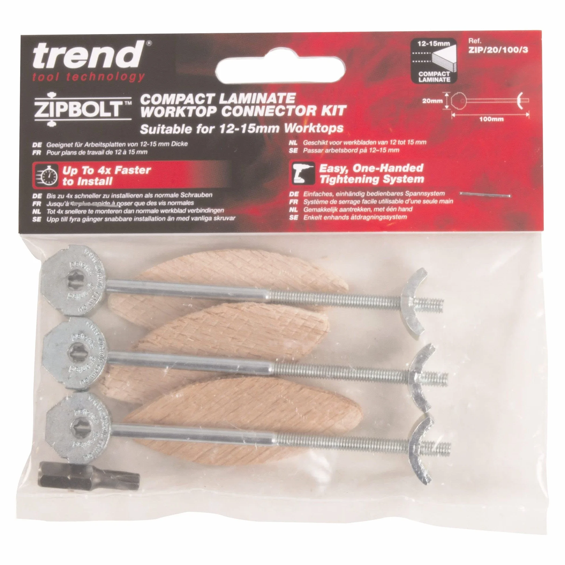 ZIPBOLT Kit de Conexión Encimeras Laminado Compacto, Grosor 12-15mm, Acero Zincado, Broca Torx T25, Galletas Nº20, ZIP/20/100/3
