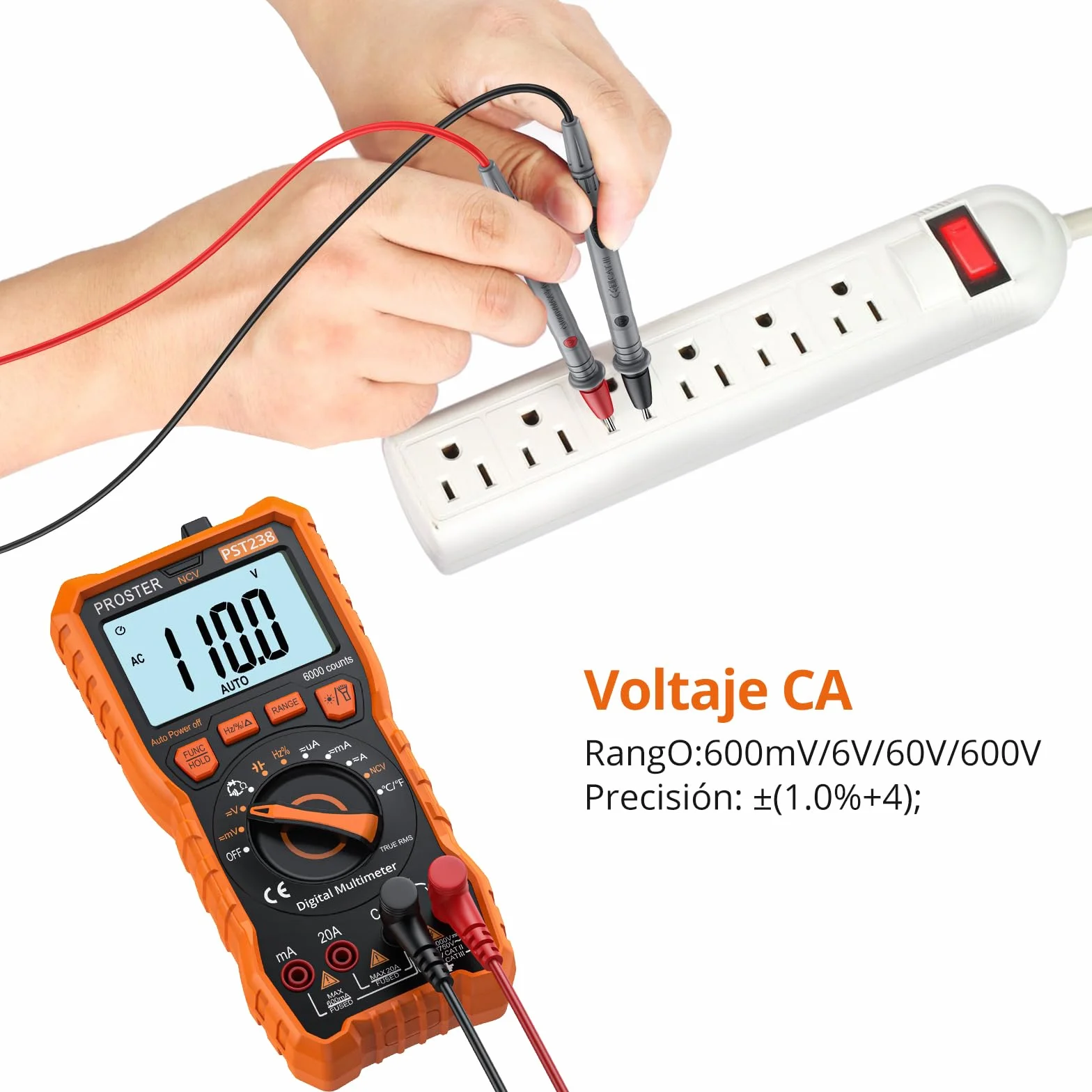Proster Multímetro Digital 6000 Cuentas NCV TRMS Polímetro Profesional Rango Automático con Pinzas Cocodrilo para Prueba de Voltaje Corriente DC/AC Resistencia Capacitancia Continuidad Temperatura