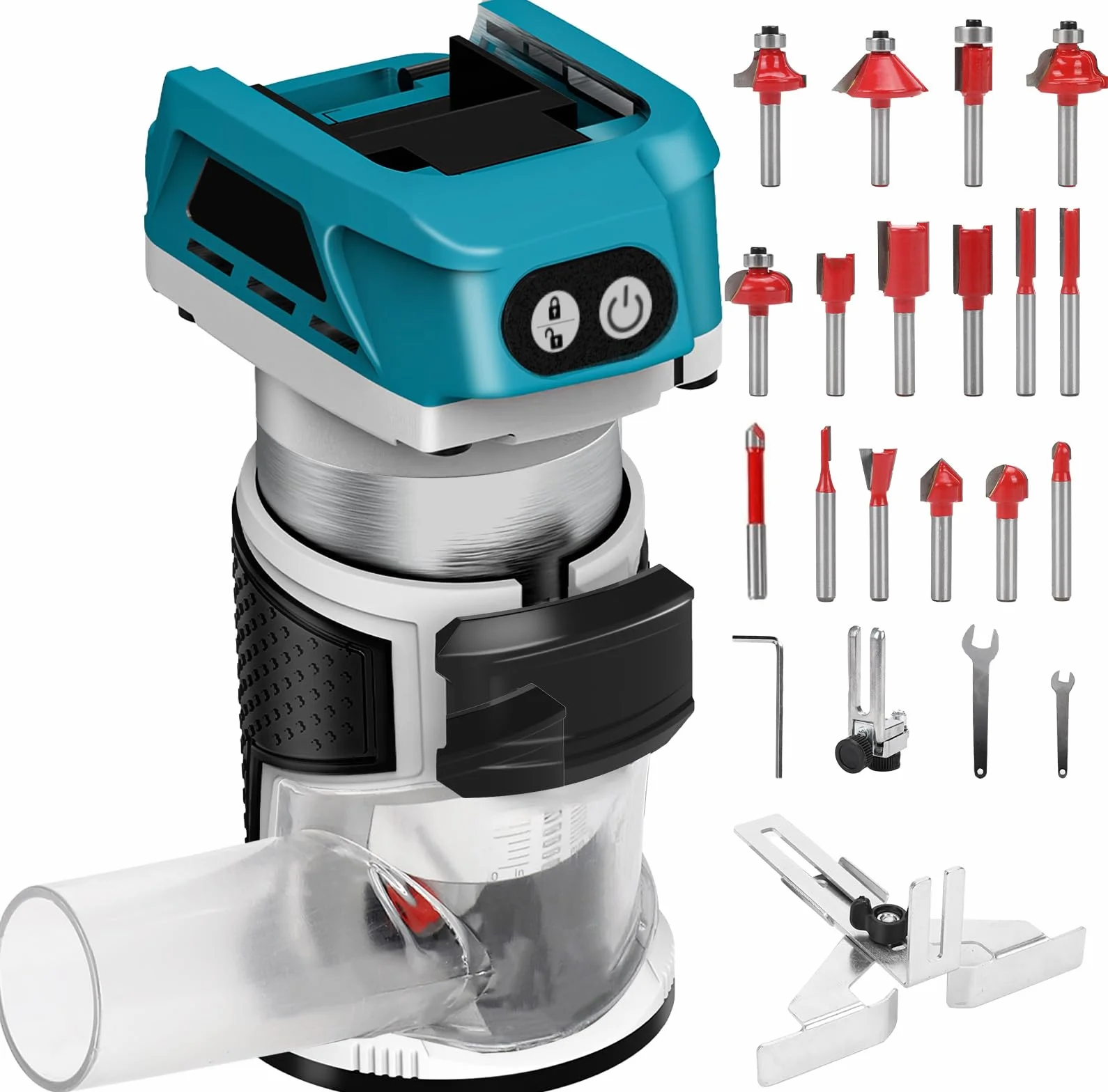Router inalámbrico compatible con batería Makita 18 V (sin bateríe), recortadora de madera 800 W 6 velocidades, guía recta, rueda guía, 15 brocas fresado, conducto de polvo