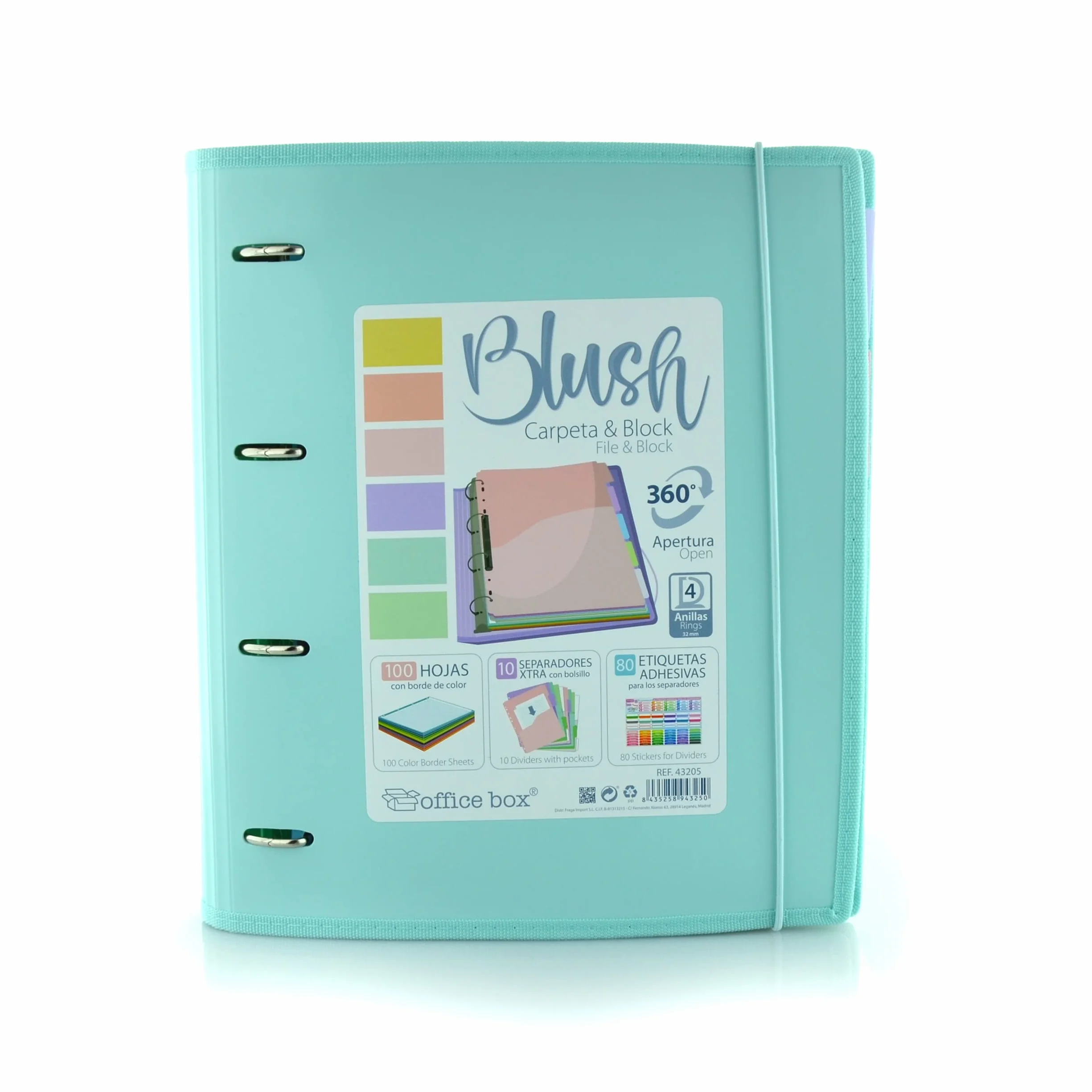 Office Box Carpeta 4 Anillas A4 Blush Pastel Azul Blush con 100 Hojas y Separadores