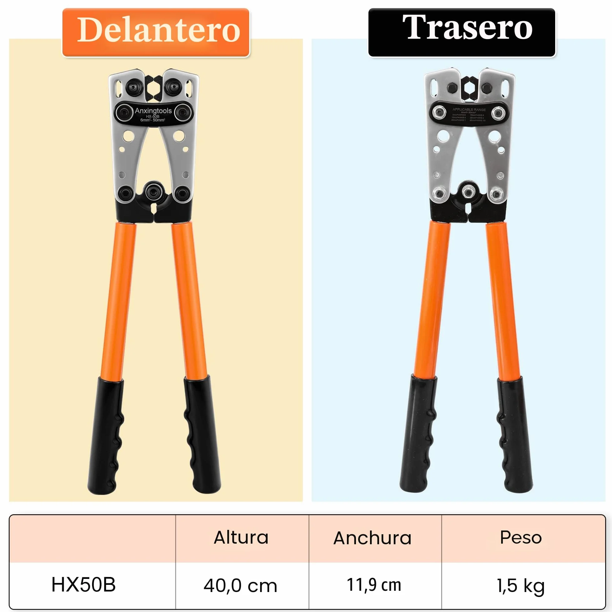 Herramienta de crimpado de cable de batería para terminales de anillo de cobre de batería de 6/10/16/25/35/50 mm², crimpadora resistente para terminales de cable (HX50B crimper+terminals)