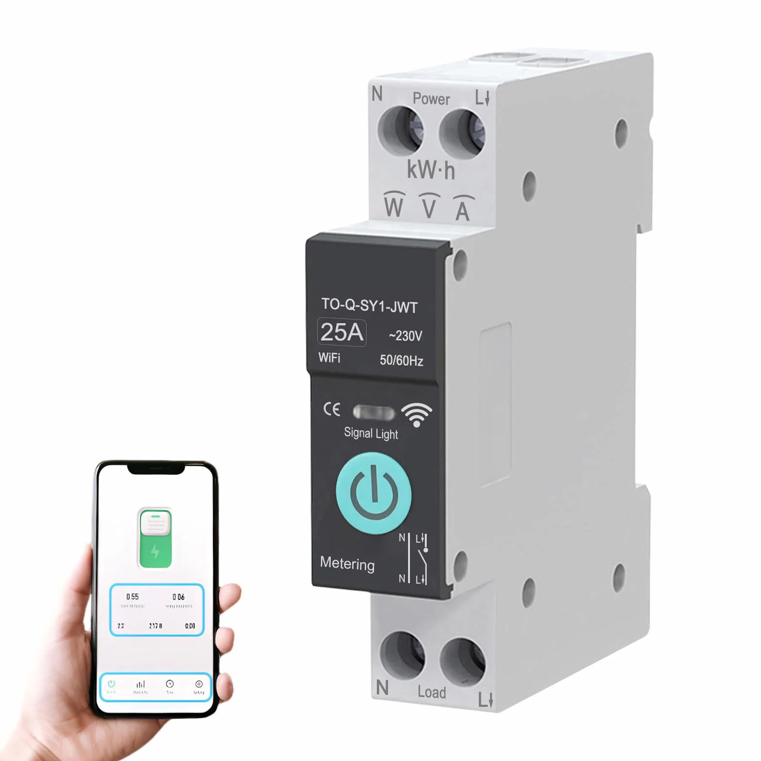 Interruptor WiFi, 1P+N 25A 230V, interruptor de control remoto inalámbrico para hogar inteligente, temporizador, control de voz monitor de energía compatible con la aplicación Smart Life TUYA riel DIN