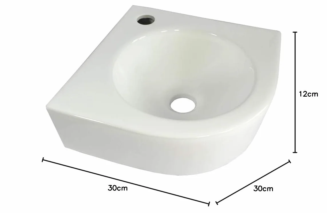Lavabo de esquina de cerámica para esquina, color blanco, para colgar en la pared, ovalado, semicircular, aprox. 30 cm, WP030