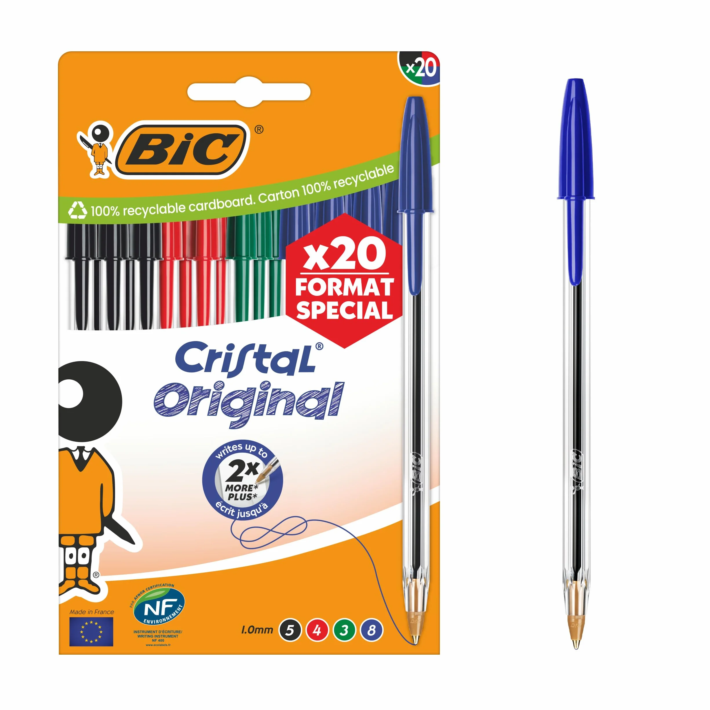BIC Cristal Original Bolígrafos Punta Media 1,00 mm Colores Surtidos Caja 20