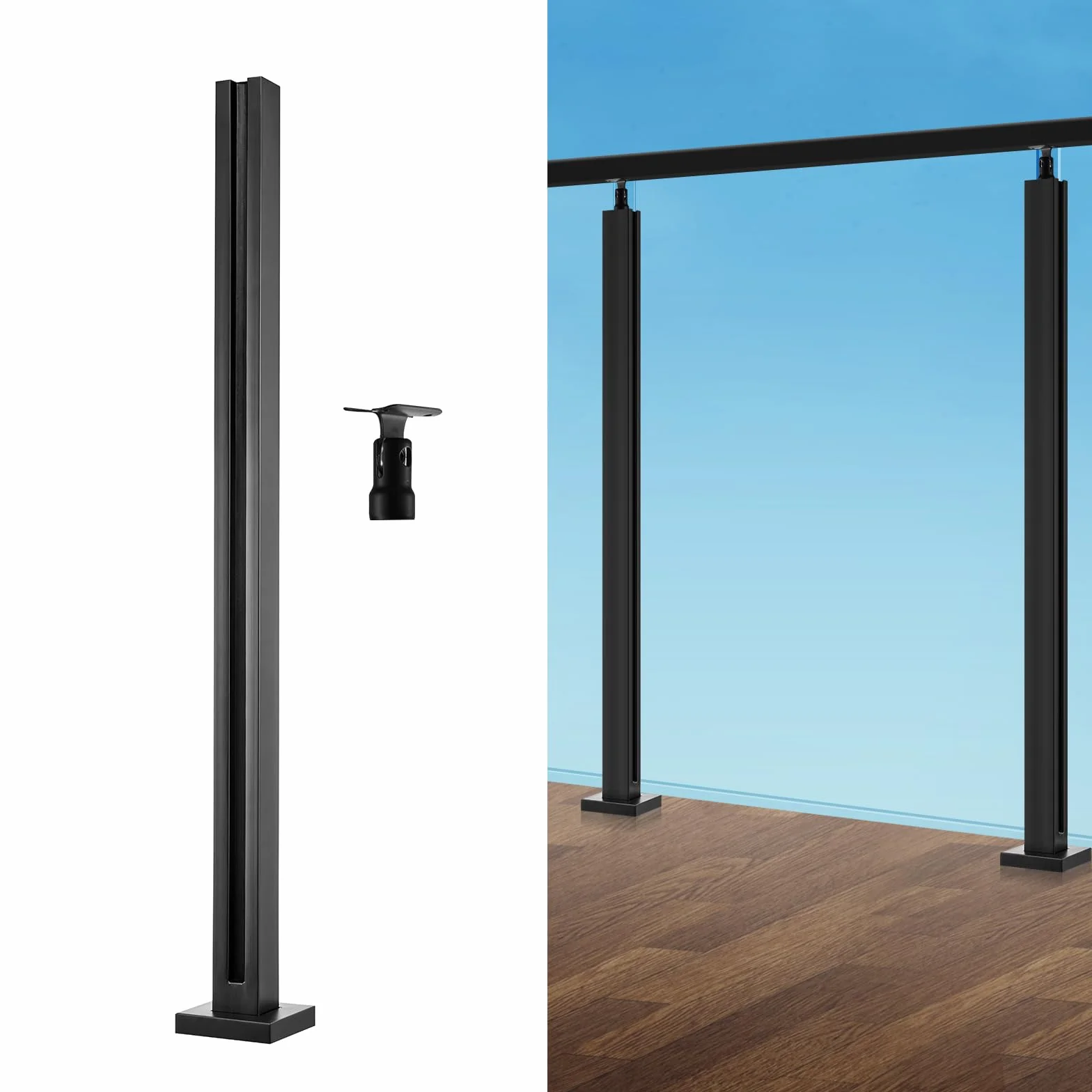 VEVOR Abrazadera de Vidrio, Soporte de Barandilla de Vidrio de 910 x 105 x 105 mm para Vidrio Templado de 10-12 mm de Espesor, Acero Inoxidable 304, para Balcón, Jardín, Cubierta, Escalera, Negro