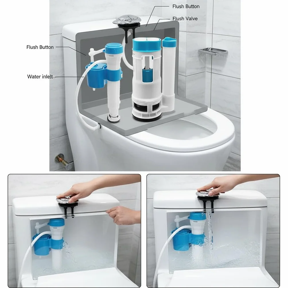 Sistema de descarga de inodoro de repuesto, Wieat Kit de cisterna de inodoro de doble descarga, botón pulsador para baño doméstico, válvula de llenado ajustable azul, adecuado para depósitos con una