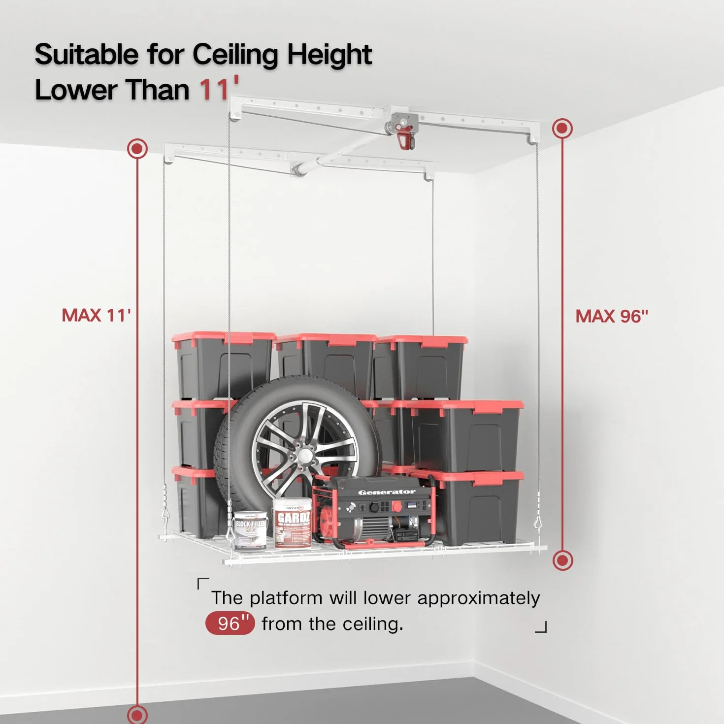 Elevador de almacenamiento de techo de 4 x 4 pies, sistema de almacenamiento de garaje montado de alta resistencia, capacidad de 250 libras (blanco)