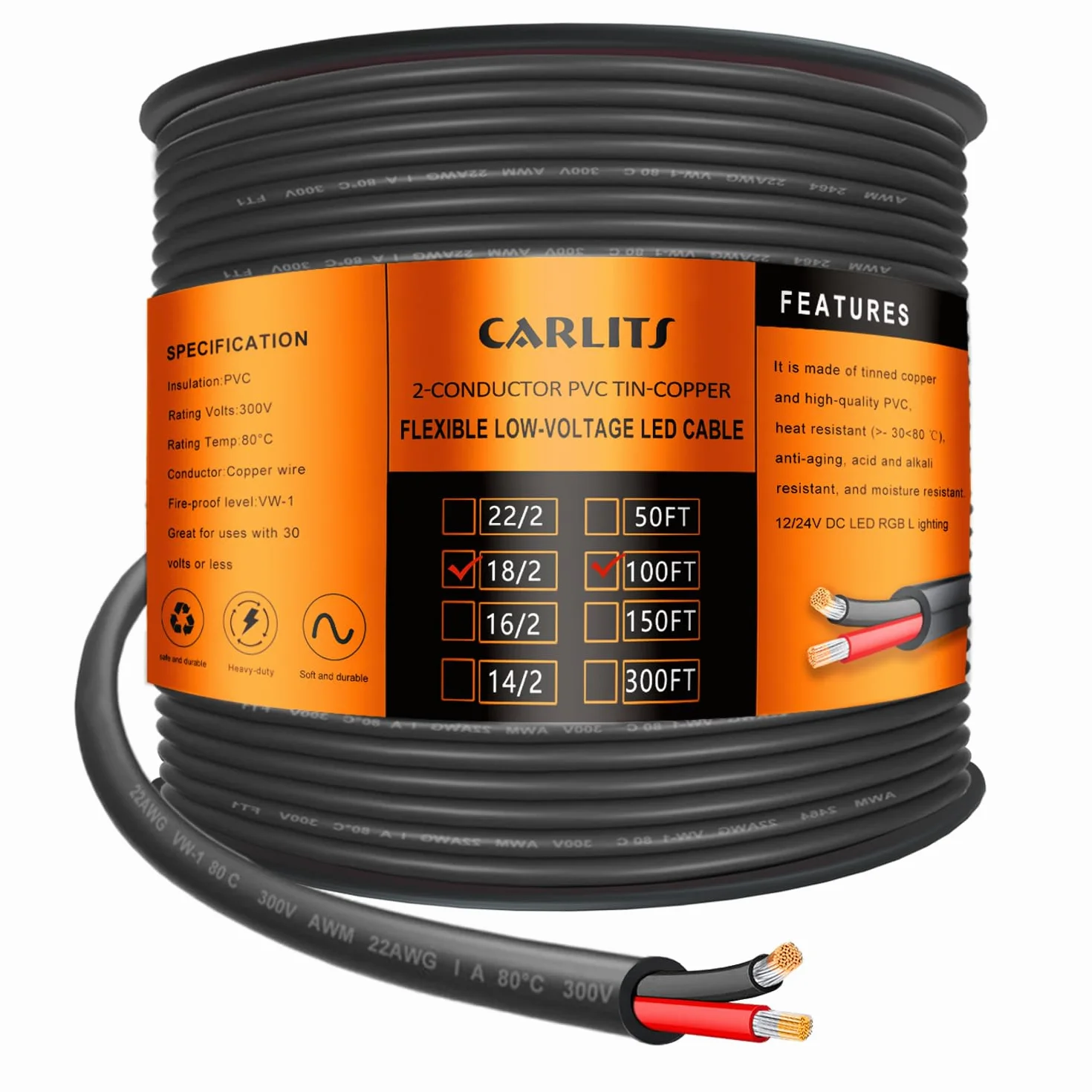 Cable eléctrico de calibre 18, 2 conductores, cable trenzado negro de bajo voltaje 18/2 de 100 pies, funda de PVC, cable de alimentación de extensión flexible para lámpara LED, automoción