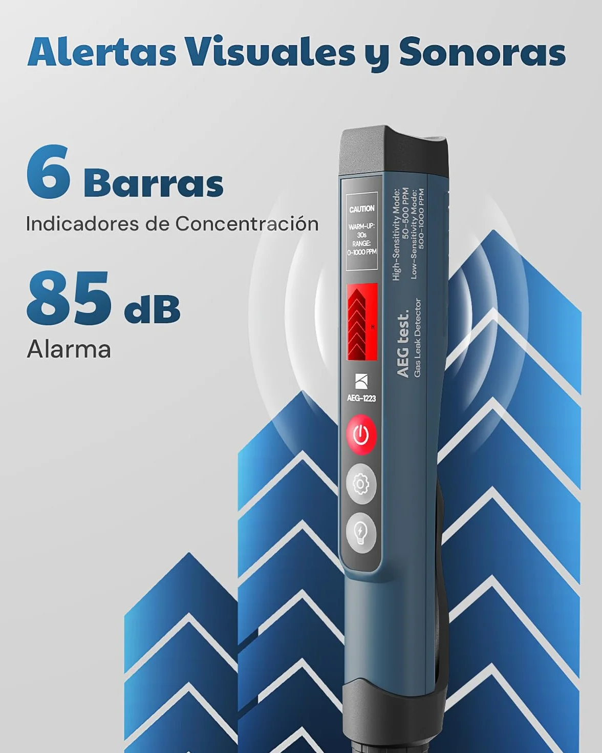 1223 Detector de Fugas de Gas con Alarma Visual y Sonora, Luz Incorporada, Detector de Gas Natural para Localizar Fugas de Gases Combustibles como Metano, Propano para el Hogar