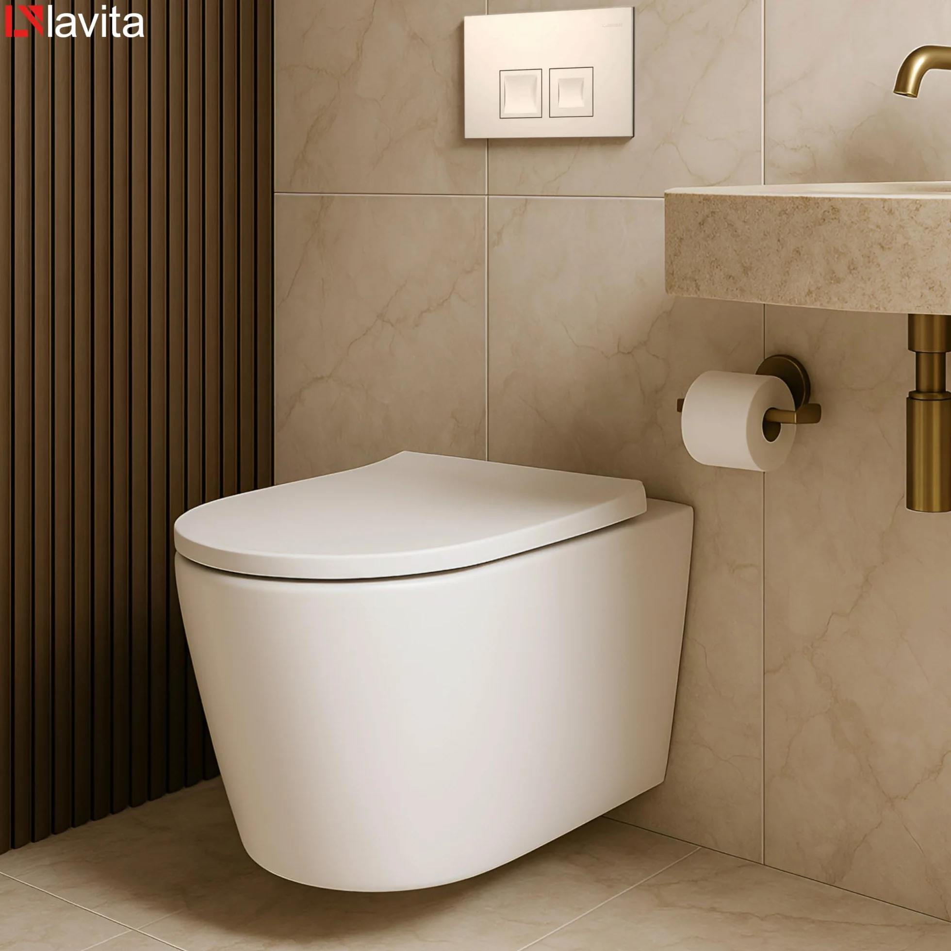 Lavita Conjunto: elemento de pared Duofix Basic WC de descarga profundaVersoni blanco sin reborde con sistema de descarga Tornado+asiento de WC con cierre automático+con botón blanco Conjunto completo