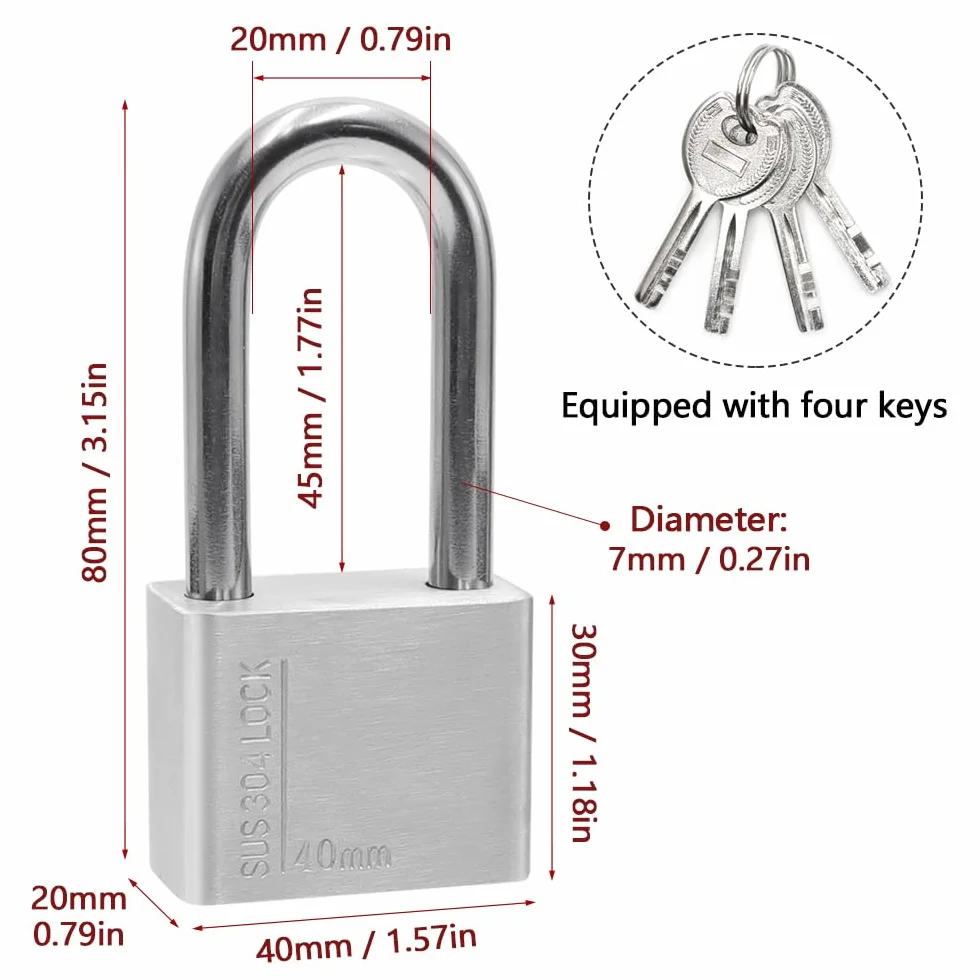 Grillete Alto Candado de Acero Inoxidable 304 con 4 Llaves, Protección Impermeable y de Alta Seguridad para uso en Exteriores, 40 mm