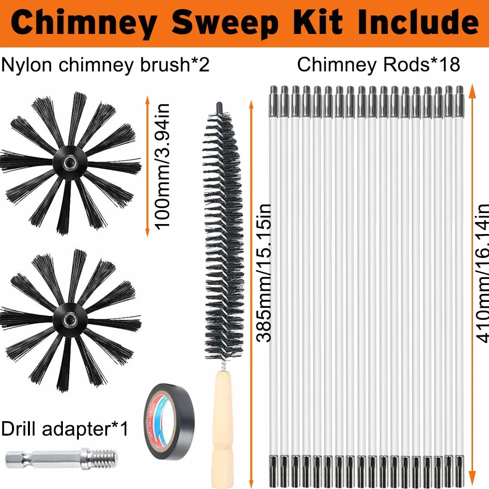 Kit de Cepillo Limpieza Chimenea, Cepillo para Limpiar Chimeneas con 18 Varillas Flexibles, 2 Cabeza de Cepilloy de Ø100mm, 1 Cepillo de Madera para Tuberías de Caldera, Tubos de Ventilación
