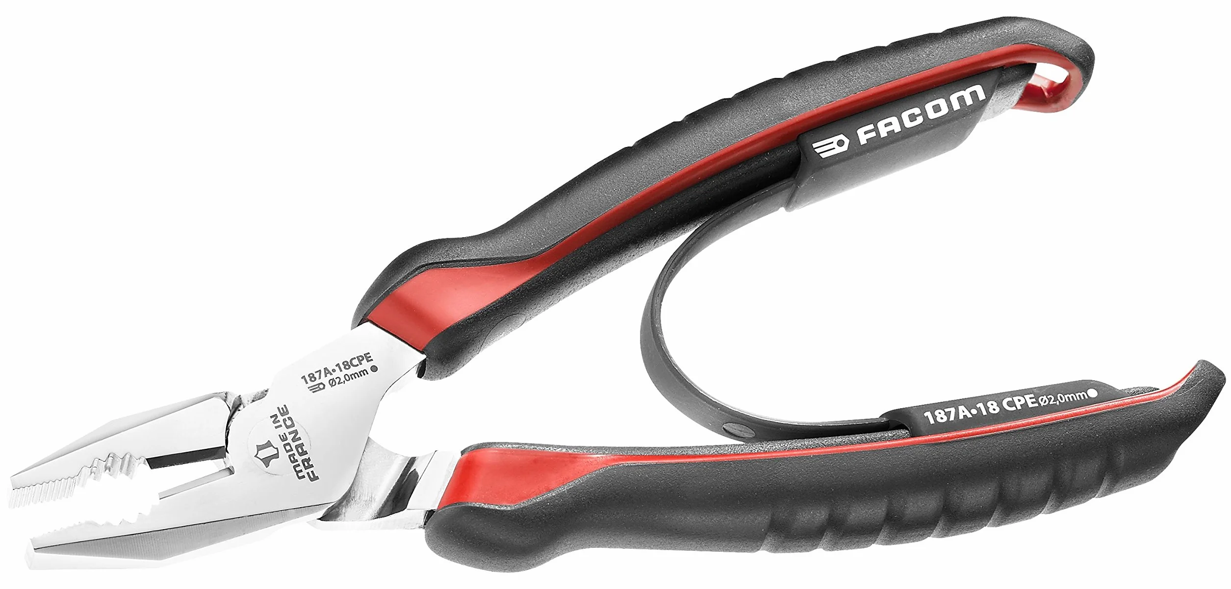 FACOM Alicate Universal 180mm, Alto Rendimiento de Corte, Tomas Planas y Ovaladas, Geometría que Reduce Esfuerzo, Aleación de Acero al Carbono, Fundas Ergonómicas, 187A.18CPEPB