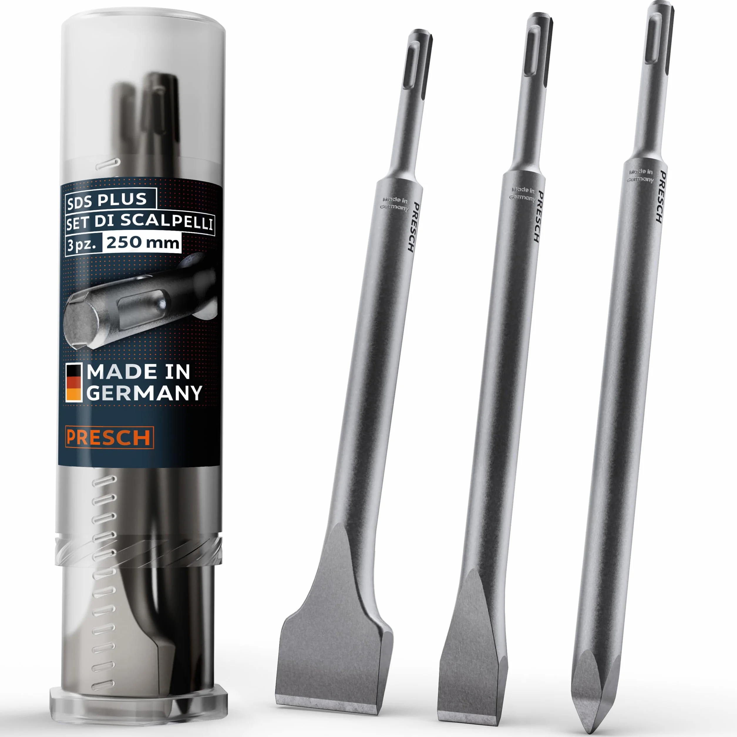 PRESCH SDS plus Juego de Cinceles de 3 pzs. - Juego compuesto por cincel plano, ancho y puntiagudo - Puntas extremadamente robustas y duraderas - (longitud 250 mm) para golpes potentes