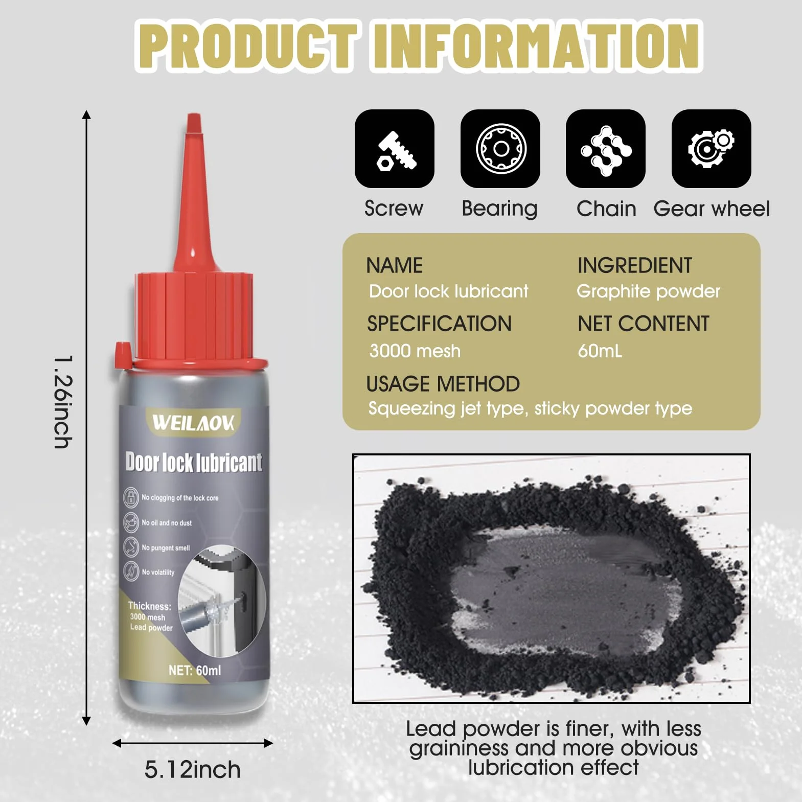 Grafito en Polvo, Grafito Cerraduras, Grasa Grafitada, Polvo de grafito para Lubricar Cerraduras de Puertas, Bisagras de Ventanas, Rieles de Puertas y Ventanas, etc, 60 ML*2