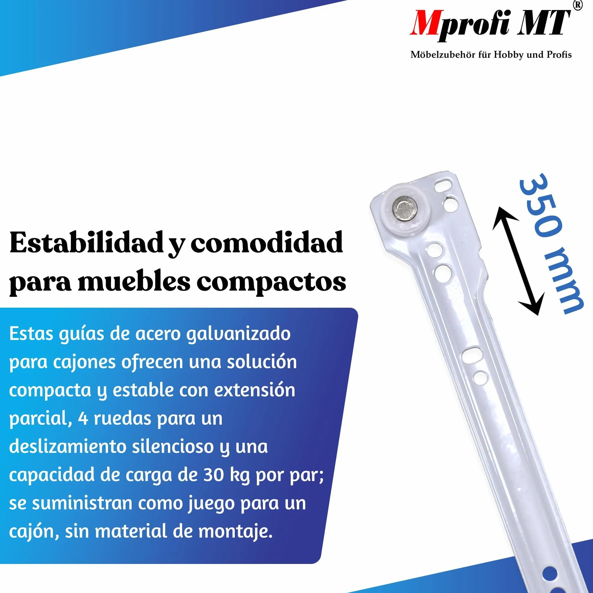 Mprofi MT® 20 Piezas, 10 Pares | Guías para Cajones | L:350mm | Correderas de Cajón | Extracción de Cajones | Rieles para Cajones | Guía de Bolas | Extracción Parcial
