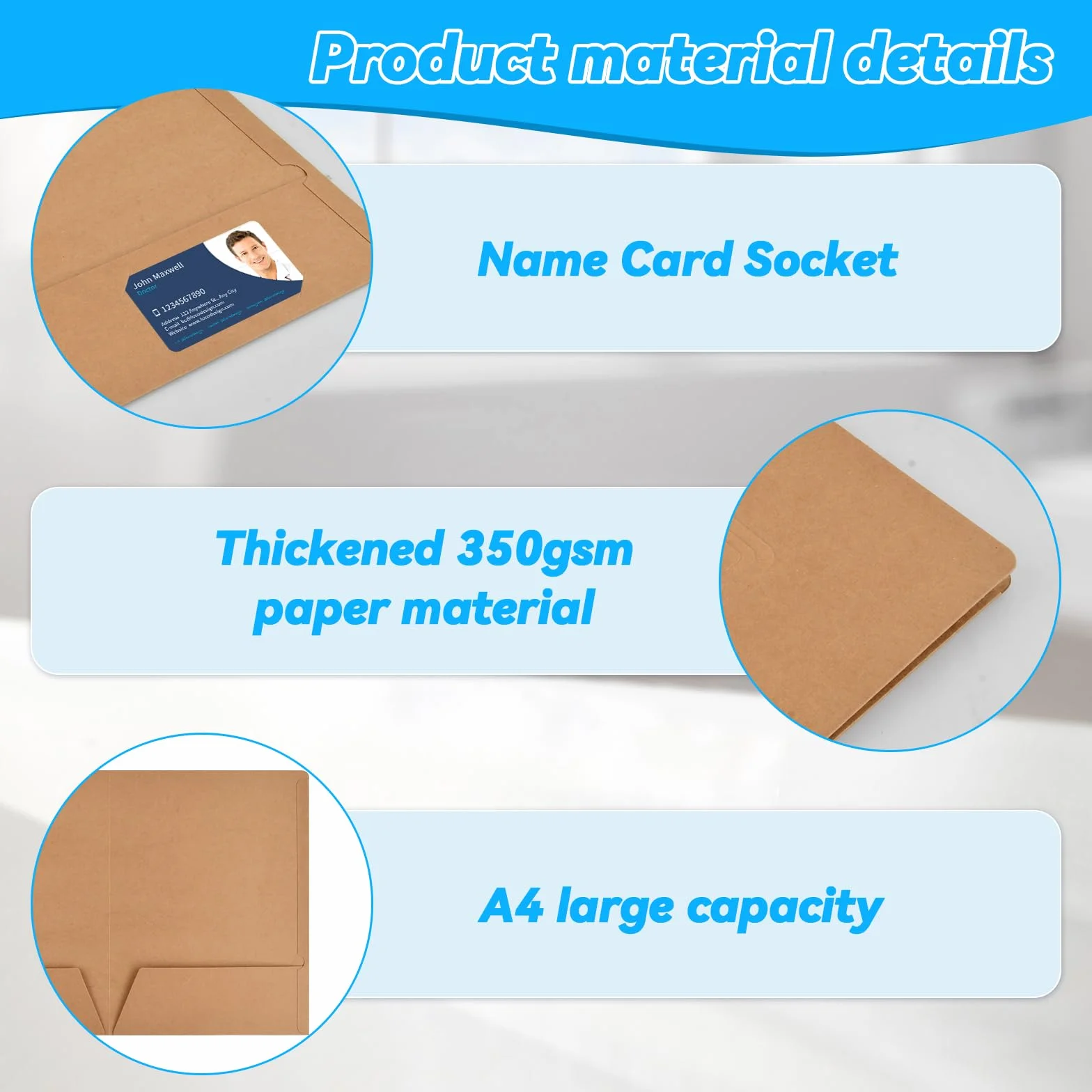 Carpetas de Papel Kraft A4 350gsm con Ranuras para Tarjetas, Carpeta de Presentación de Cartón para Documentos, Subcarpetas Simples para Escuela Oficina (Marrón)