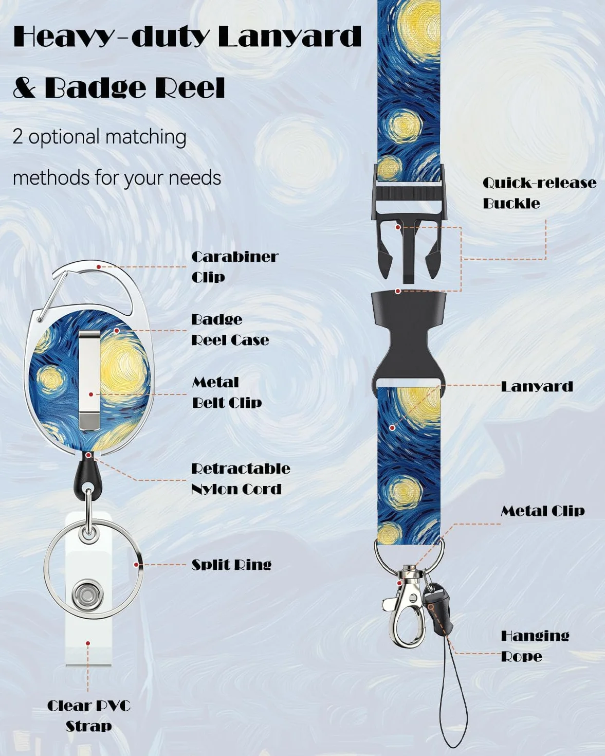 Uniclife Porta Tarjetas Identificativas La Noche estrellada Plástico Retráctil Mosquetón Cordón Desmontable Protector Vertical