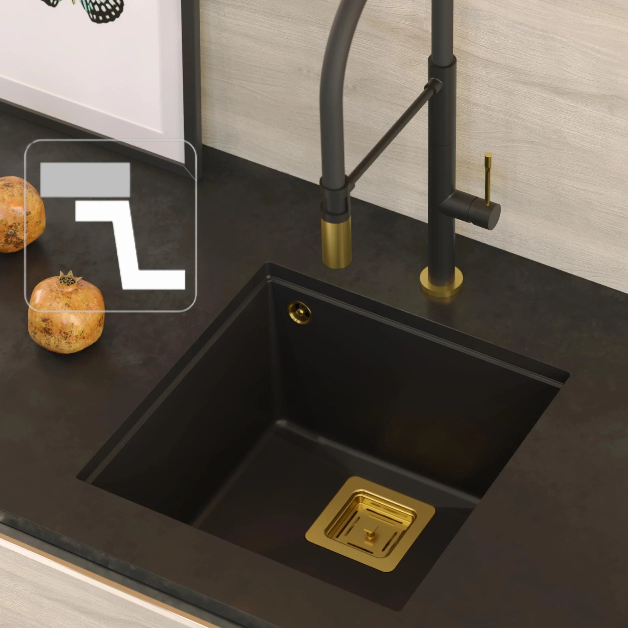 QUADRON fregadero de cocina fregadero de granito de un seno | tamaño 41 x 42 x 22,5 cm color: blanco y acero | DAVID 40 fregadero de 1 seno | fregadero moderno con sifón manual