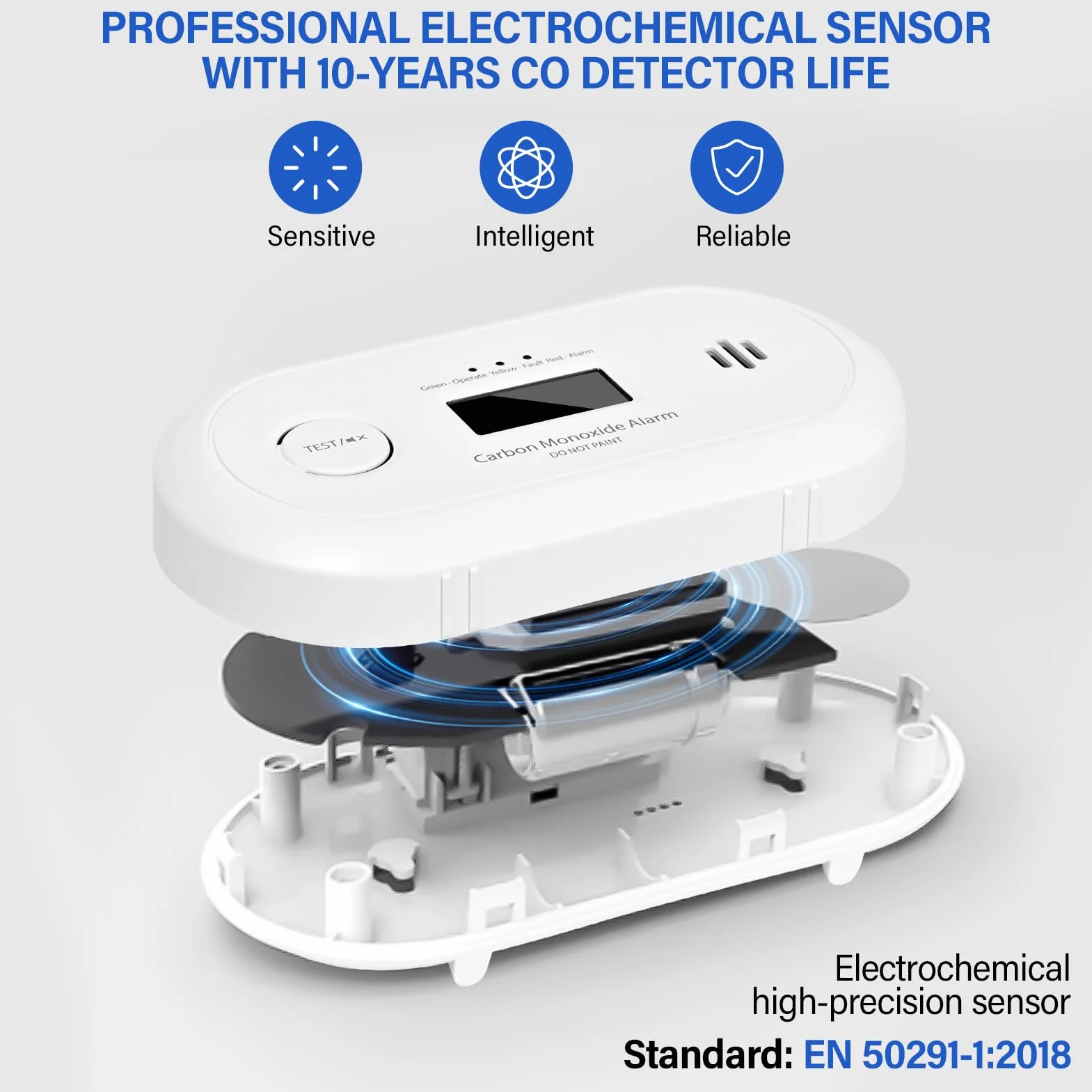 Detector Monóxido Carbono con Sensor CO 10 años, batería reemplazable 5 años, portátil Carbon Monoxide Detector diseño a Prueba de explosiones de Alta sensibilidad | Norma: EN 50291