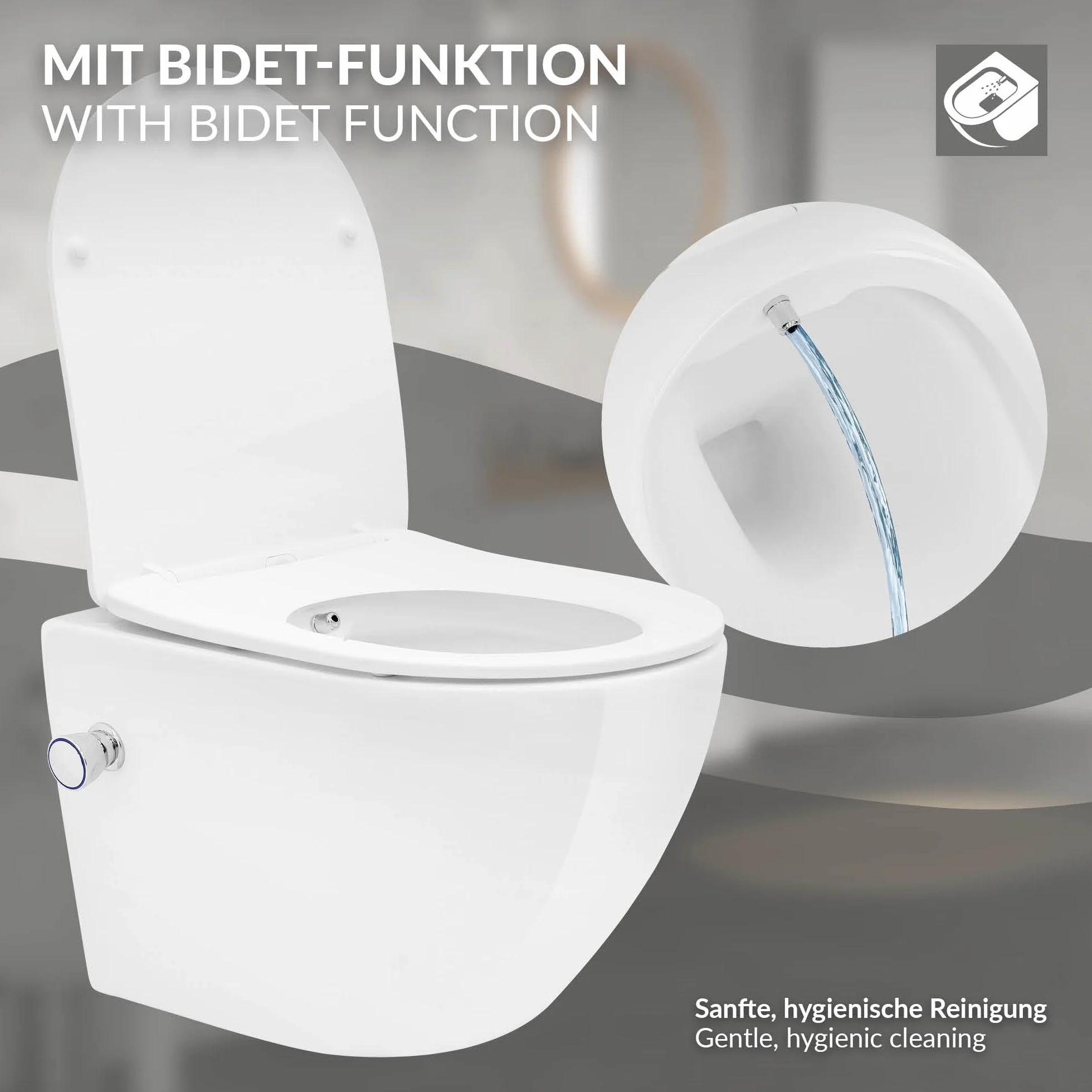 LuxeBath WC Cerámico Suspendido Corto 49cm con Función de Bidé con Nanorecubrimiento, Inodoro Colgante Blanco Mate sin Cisterna, Asiento de WC Extraíble con Softclose en Duroplast Bajada Automática