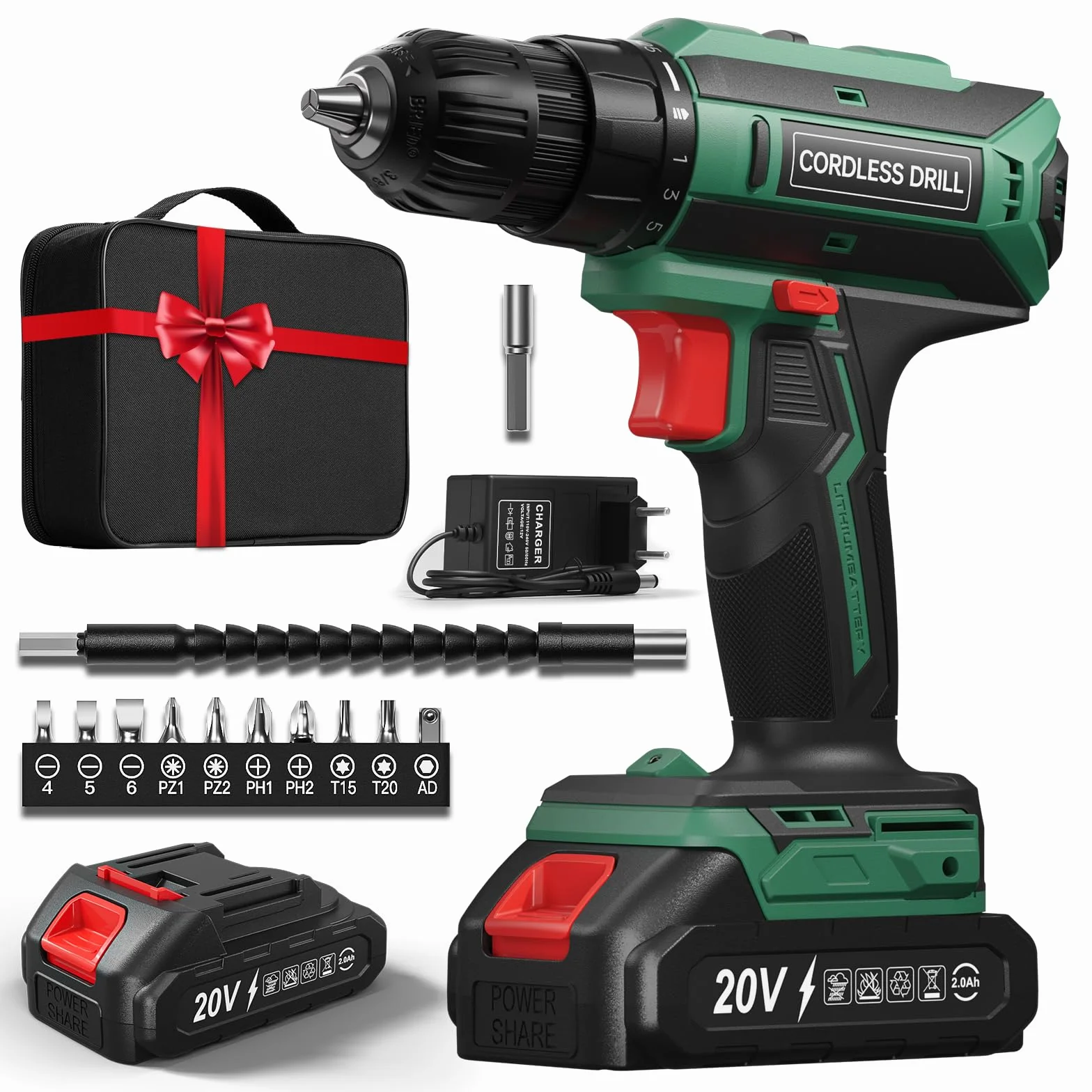 Taladro Atornillador Inalámbrico 20V 42Nm 2 Velocidades 25+1 Niveles Par Portabrocas 10mm 2000mAh