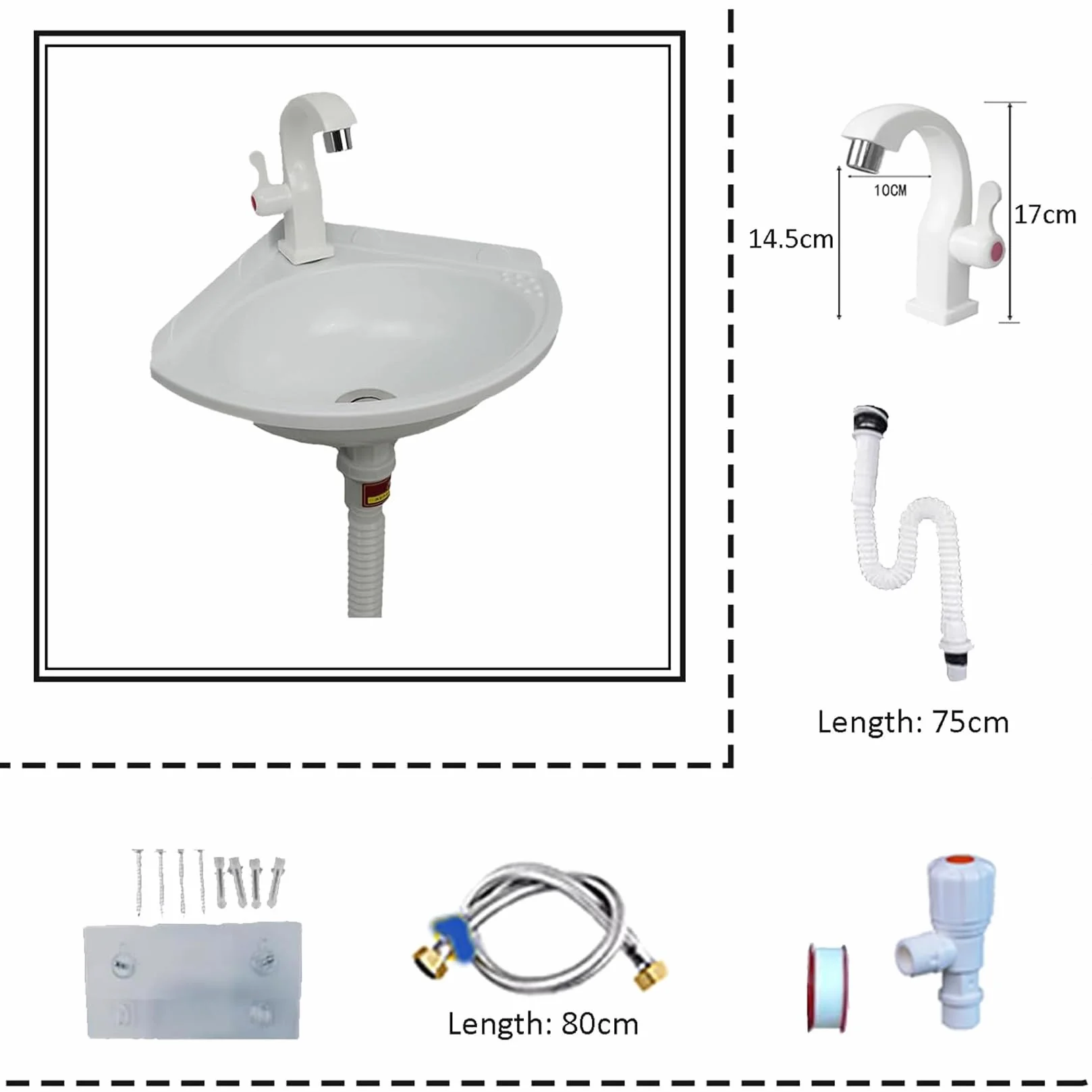 Lavabo Plástico Blanco De Montaje En Pared Sin Taladrar, Suspendido Con Grifo y Juego De Desagüe Para Cuarto De Baño y WC De Invitados