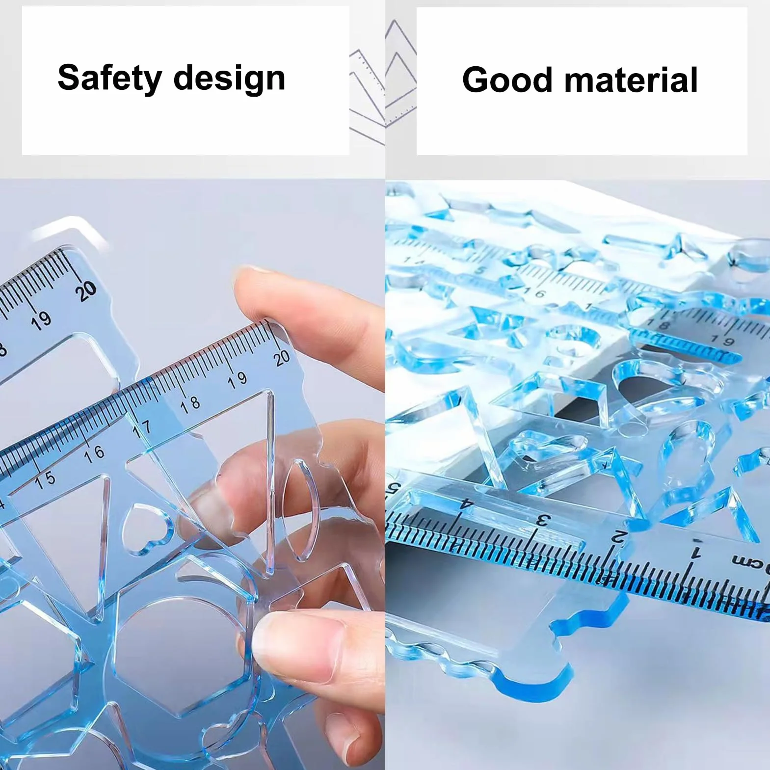 Reglas Geométricas y Plantillas de Círculo 7 Piezas para Dibujo, Regla Plástica, Herramienta de Medición Niños Azul