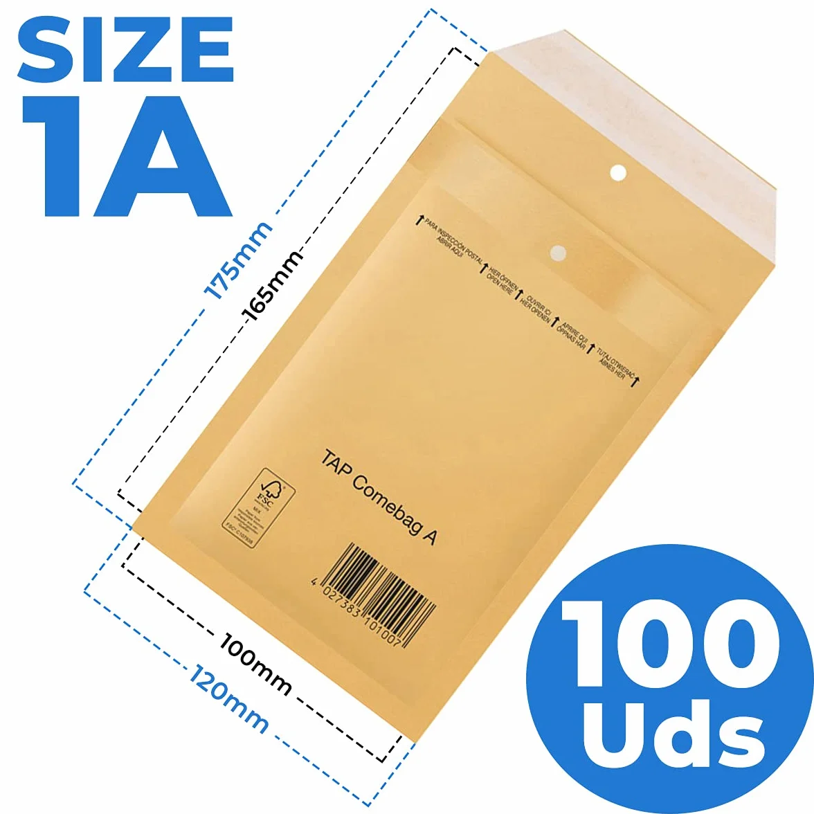 Sobres acolchados de burbujas y plastificados TAB tamaño Nº 1 (175 x 120 mm) 100 Unidades