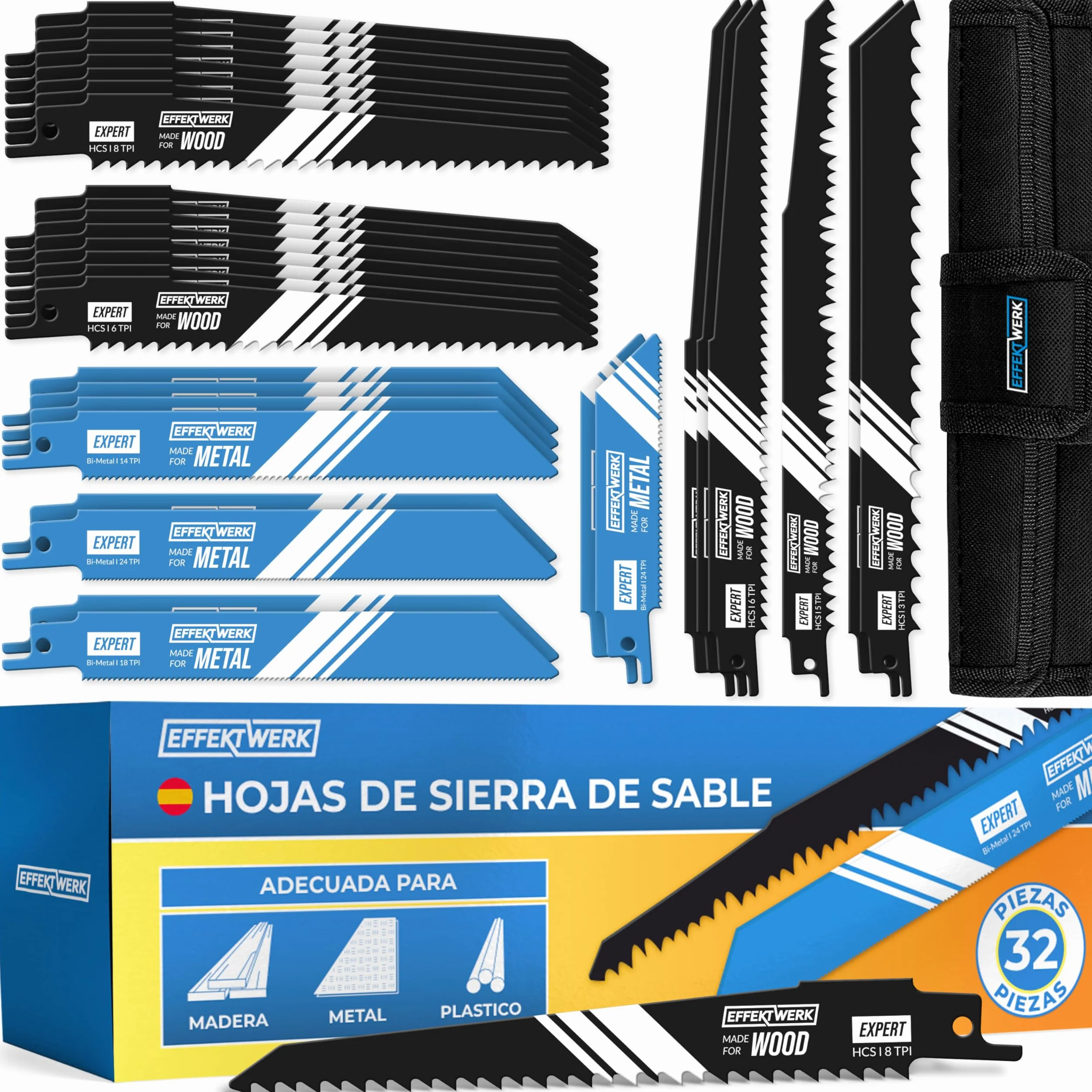 Hojas de sierra de sable 32 piezas, juego de repuesto acero carburo HCS bimetálicas para madera metal plástico