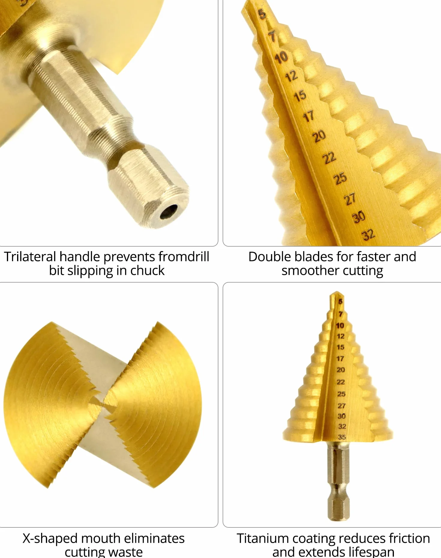QWORK® 5 tamaños Broca Escalonada Broca Conica - HSS 4241 Revestimiento de Titanio -para Acero Inoxidable, Chapa, Plástico, Madera