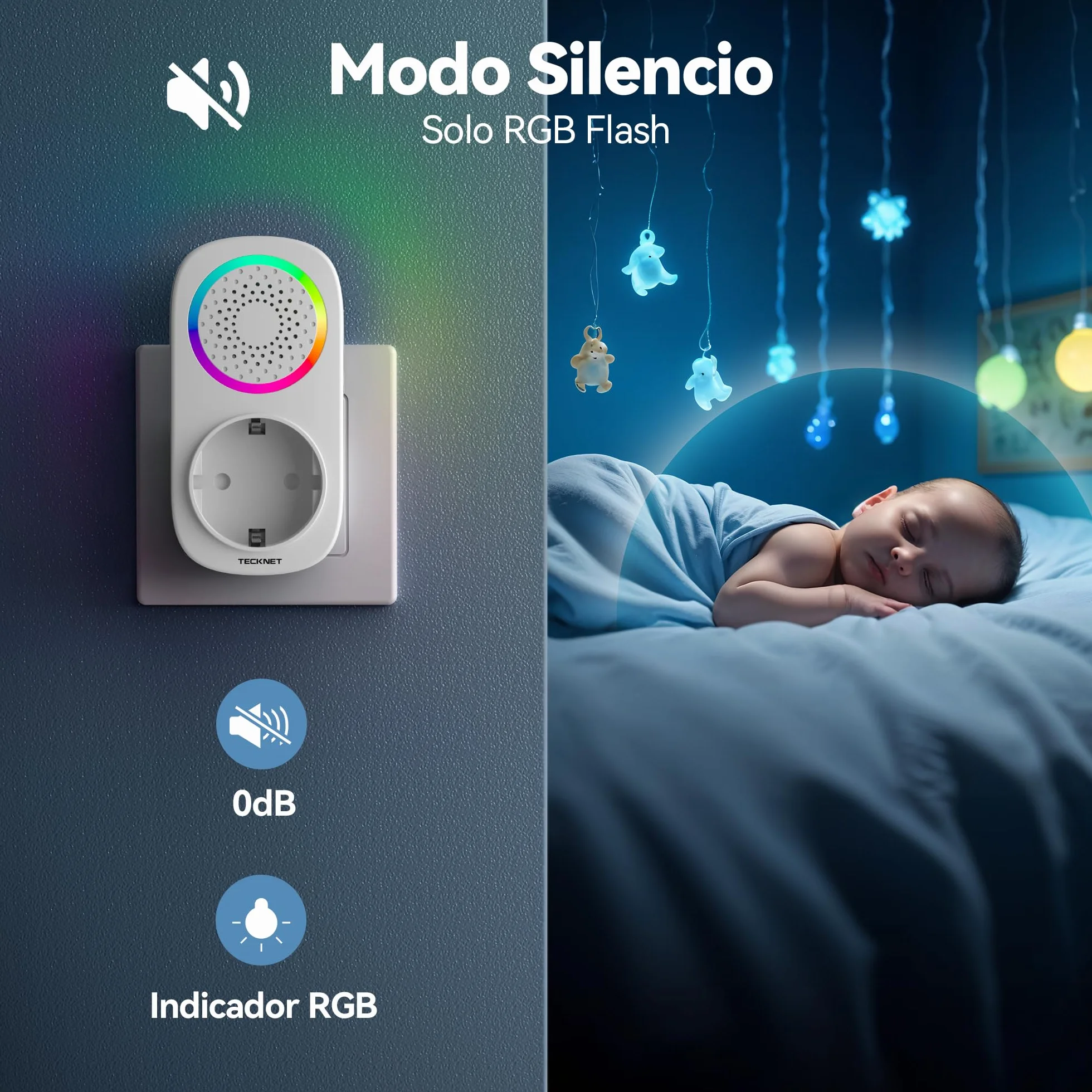 TECKNET Timbre Inalámbrico, 300M RGB Timbre Inalámbrico Autoalimentado, IP65 Timbre Electrónico Impermeable con 60 Melodías, 5 Niveles de Volumen y Flash LED para Hogar Oficina Hotel