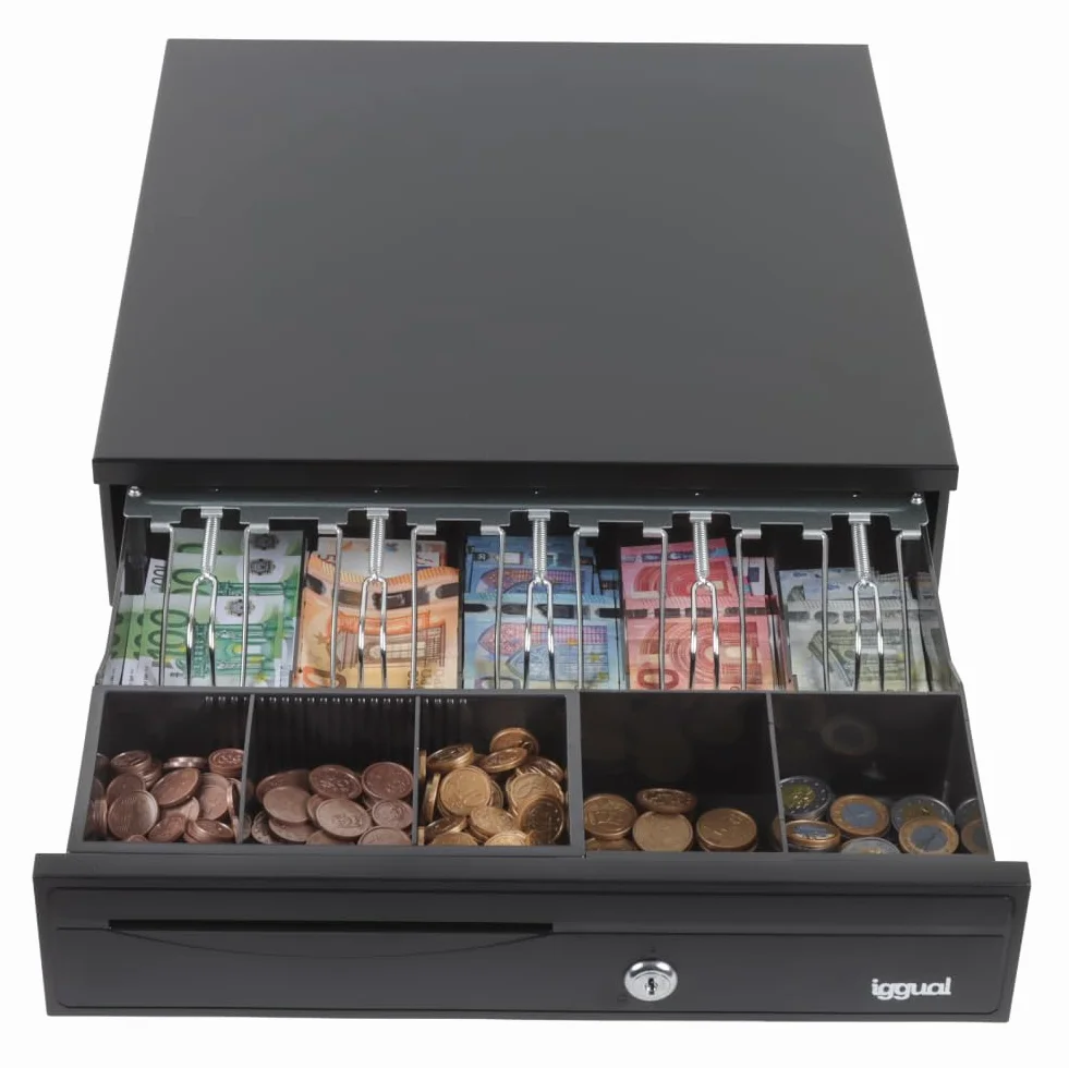 iggual Cajón Portamonedas IRON-30 Caja Efectivo Registradora Manual Automática 5 Billetes 5 Monedas Cerradura 3 Posiciones Acero Plástico Negro 42x40.5x10