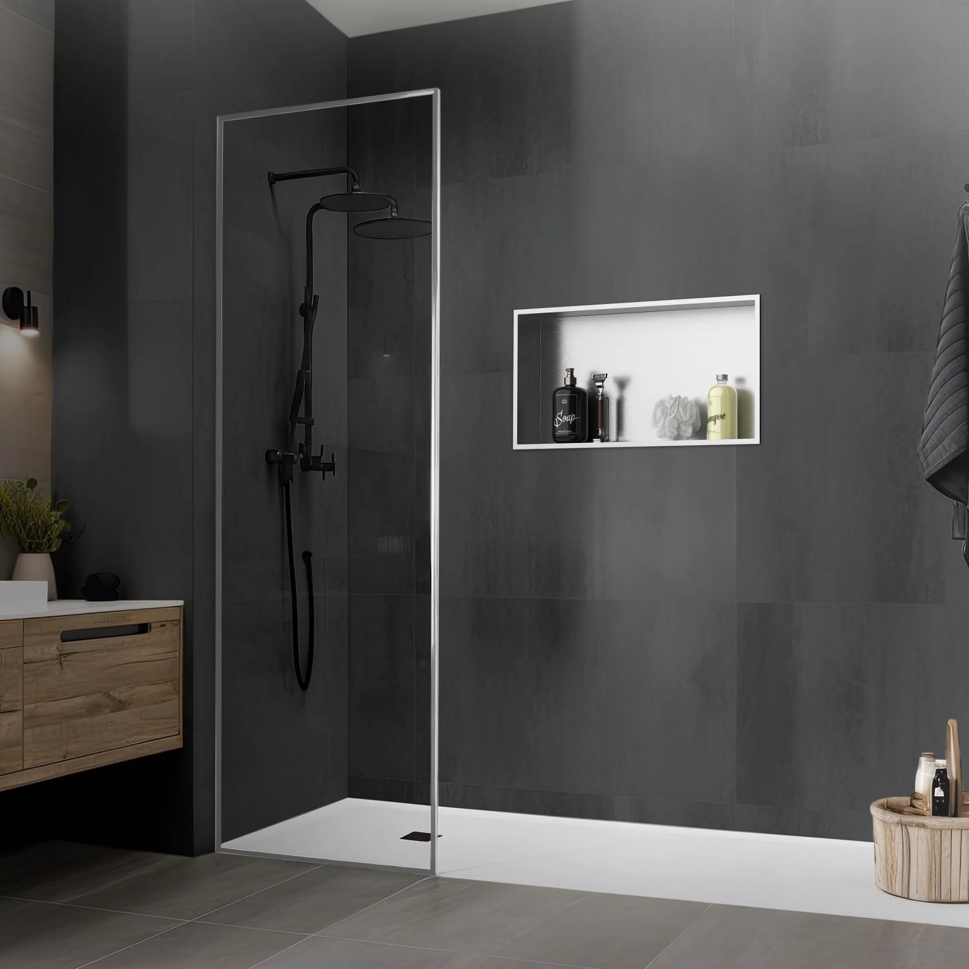 LuxeBath Nicho de Ducha de Acero Inoxidable 60x30x10 cm Plata Marco de Pared Empotrado Alicatable Estante Integrado Instalación Flexible para Almacenamiento Organizador de Utensilios para Baño