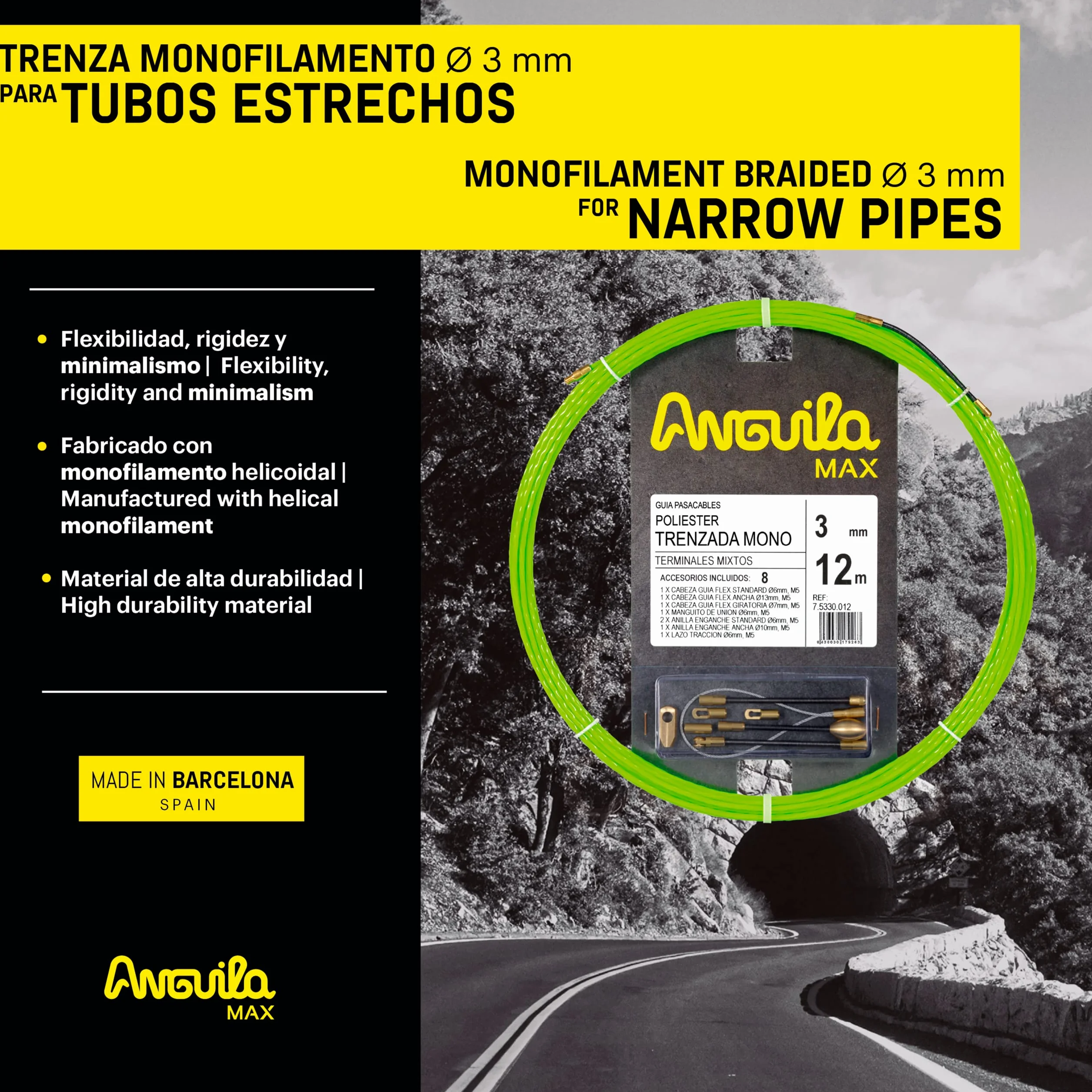 Anguila Max | Guía Pasacables | Tubos Estrechos | Monofilamento | Poliéster Trenzado | Terminales Mixtos | Color Verde | Diámetro 3mm | 12 metros