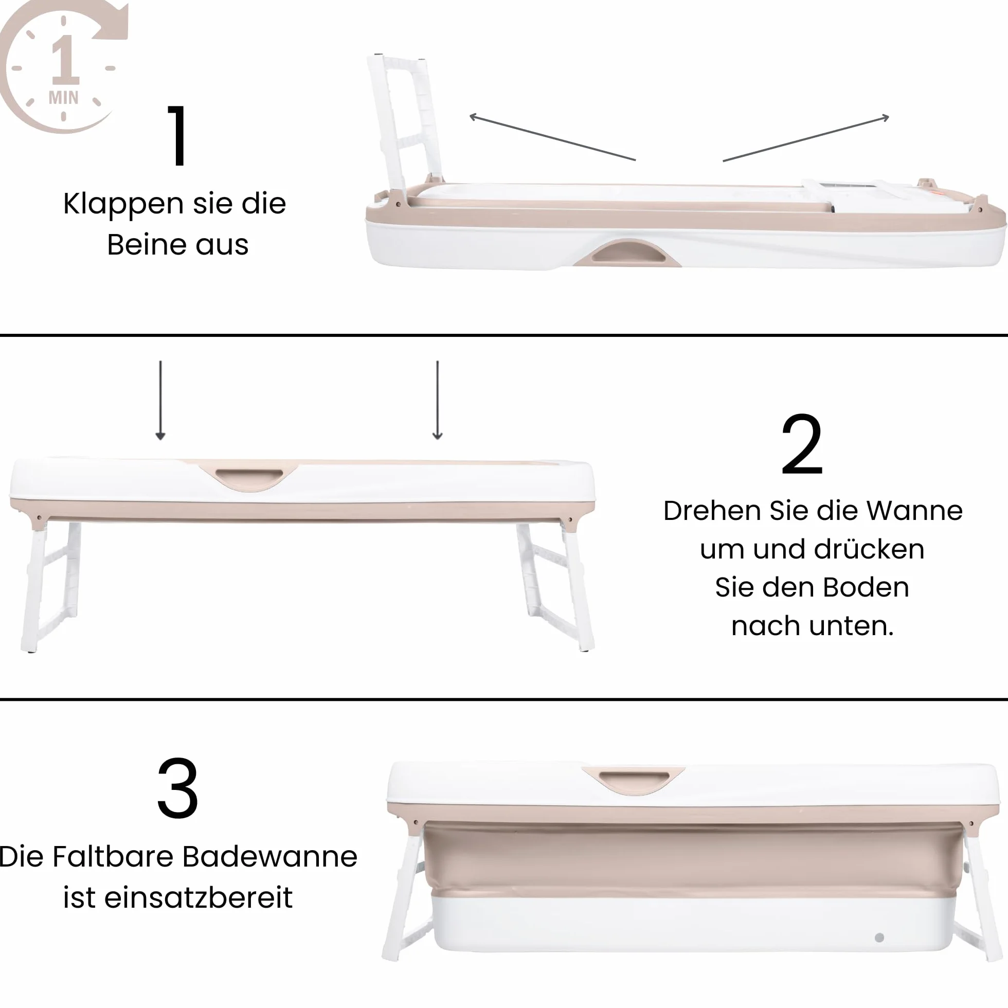 HelloBath® Bañera Plegable XXL 157x60x48 cm para Adultos | Bañera Portátil con Cojín de Baño, Bolsa de Almacenamiento, Luz LED & Rodillos de Masaje | Móvil para Ducha & Exterior | Arena
