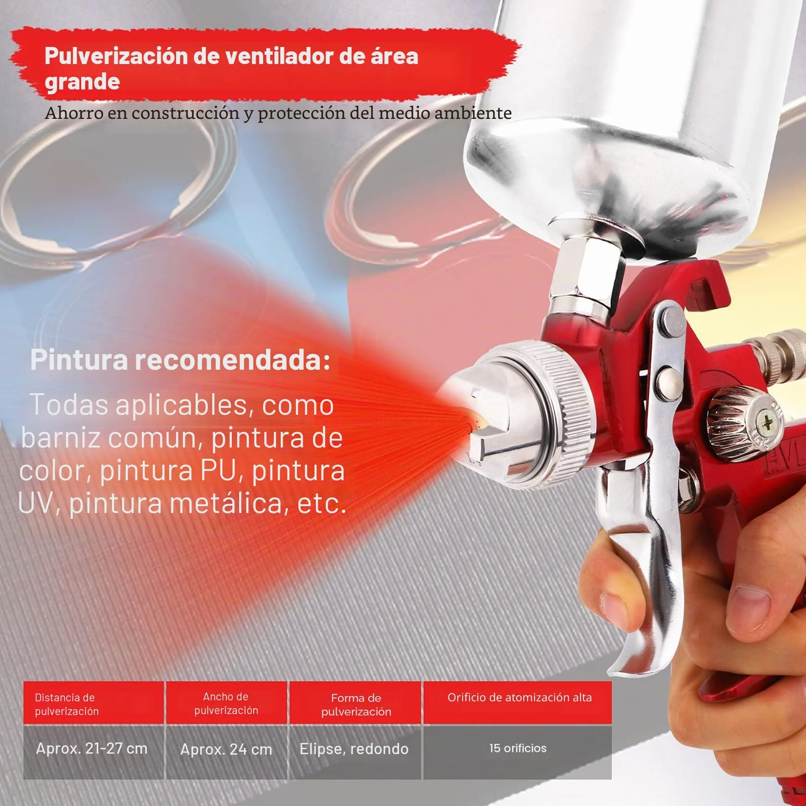 Pindex HVLP Pistola pulverizadora de Aire de alimentación por Gravedad: pulverizador de Pintura con Taza de Aluminio de 1000 CC | 3 boquillas para reparación de Coches, Pintura de Valla (Rojo)