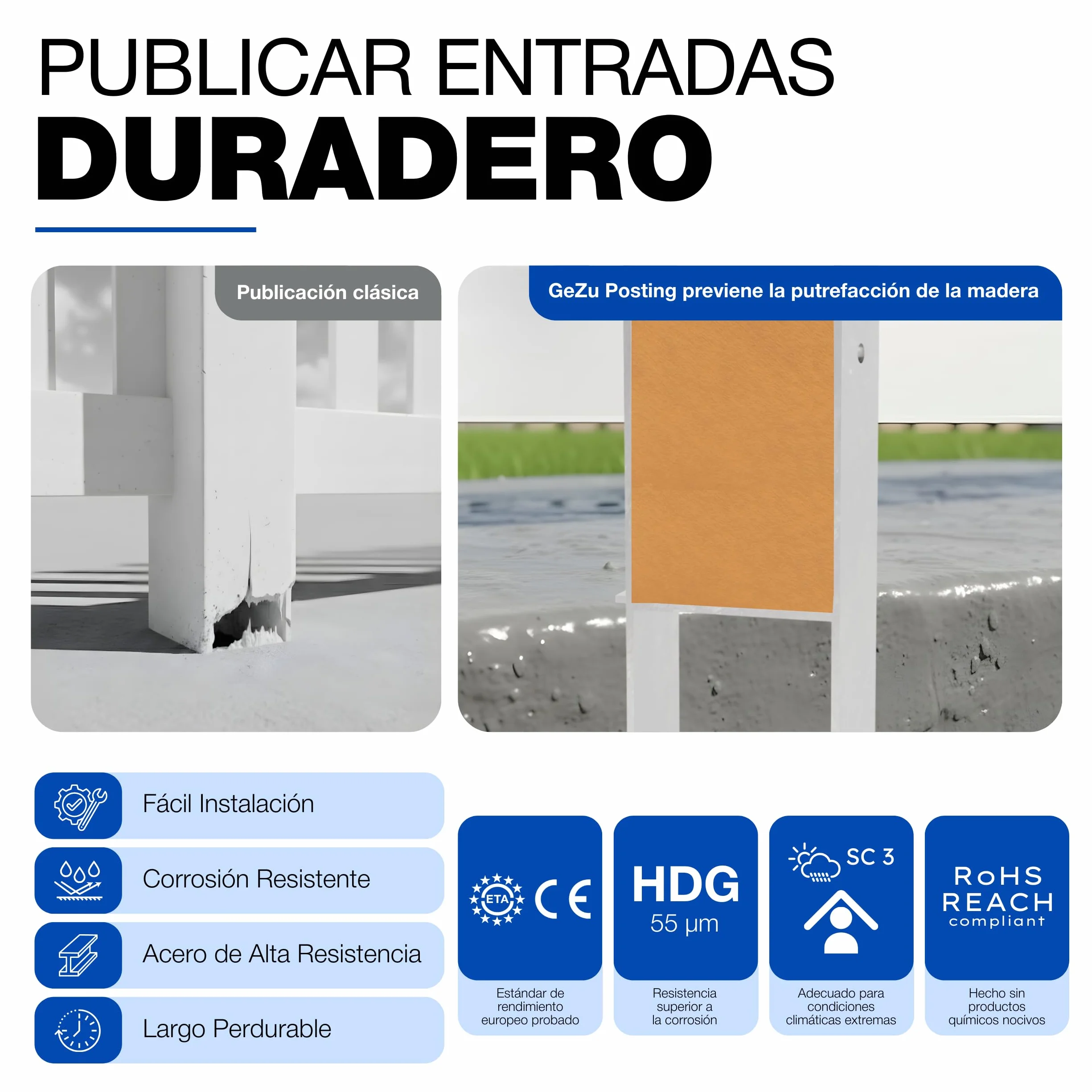 GeZu Impex Post Anchor H 71 x 400 mm Juego of 4 | Galvanizado en Caliente Anclaje Soporte para Ancla Base Elevada