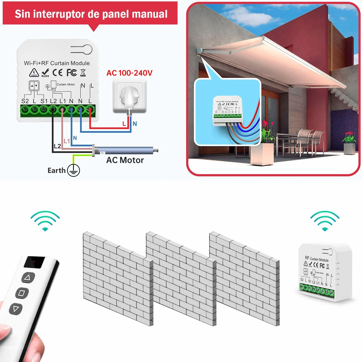 Interruptor De Persianas Por Radio, Receptor De Módulo De Relé Inalámbrico Con Rango De Control Remoto RF De Hasta 100M Receptor De Relé De 2200W Para Persianas Eléctricas