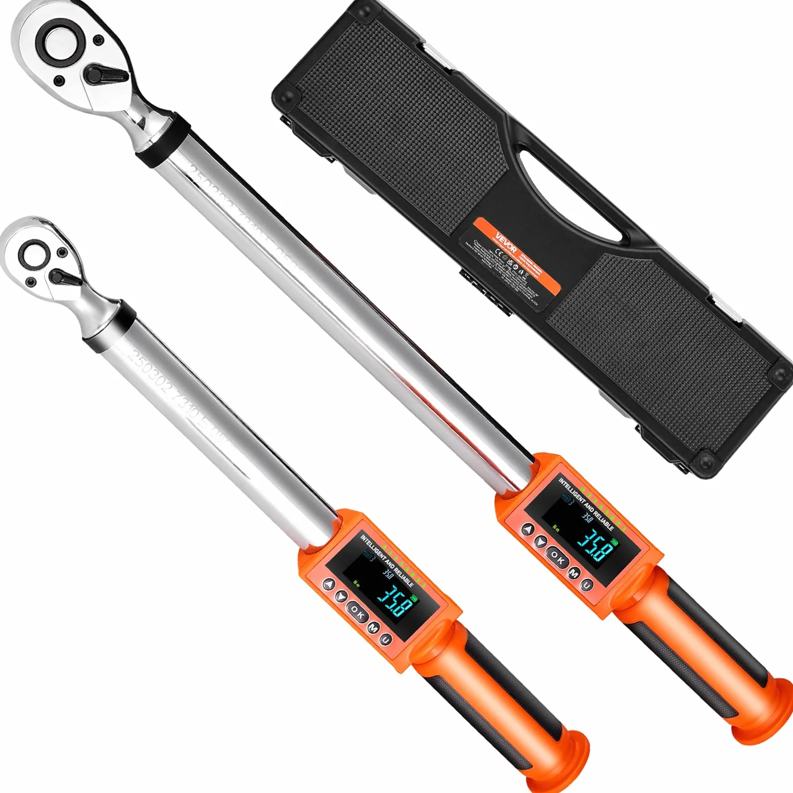 VEVOR 2 PCS Juego de Llaves Dinamométricas Digitales Accionamiento de 1/2" y 3/8" 72 Dientes ±2% de Precisión Llave Dinamométrica Electrónica con Valor Preestablecido, Zumbador y Notificación LED