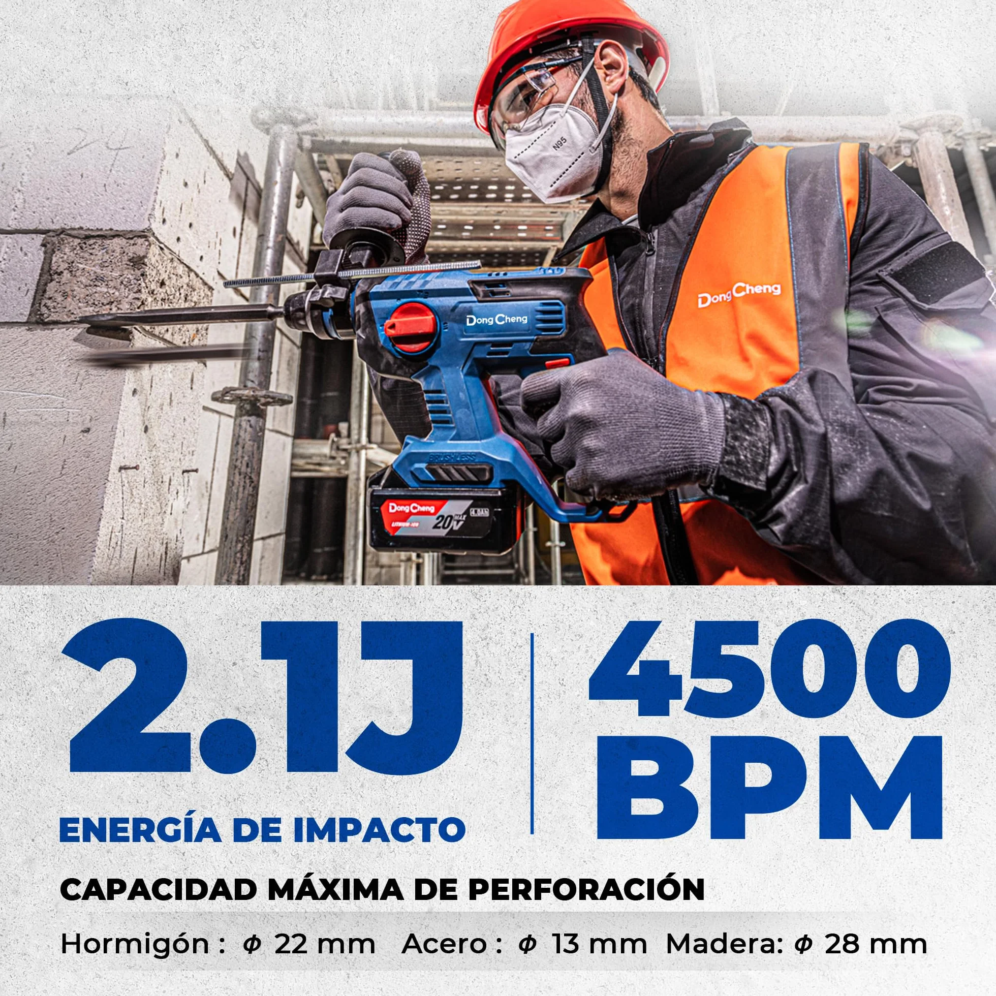 DongCheng Martillo perforador sin cable 18V, energía de impacto 2,1 J, 4 piezas SDS-plus, perforación hasta 28 mm, motor de percusión sin escobillas empuñadura antivibración baterías 4Ah y cargador 2A