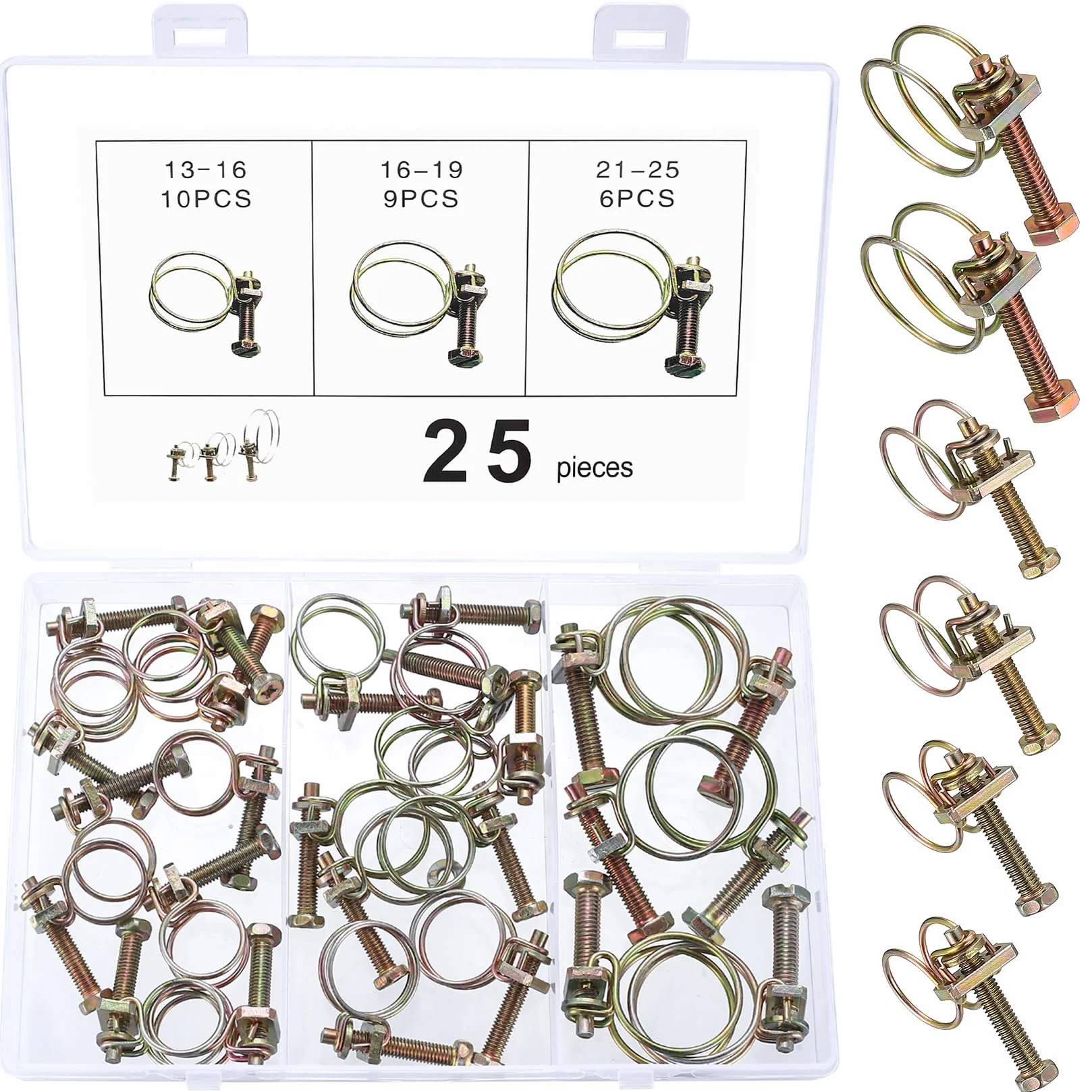 25 Pcs Abrazaderas de Manguera de Alambre Doble, Clips de Manguera de Doble Alambre Ajustable, Clip de Tubo, Abrazadera Metalica para Tubos Tubería de Plomería, 13-16 mm 16-10 mm 21-25 mm